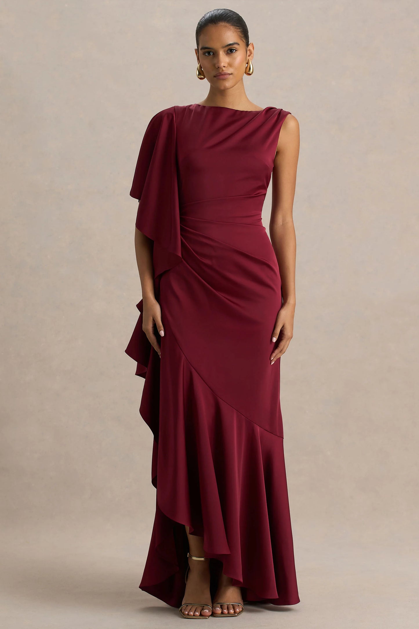 Rosy Burgundy Satin Boat-Neck Maxi Dress With Front Split And Ruffled Detailing