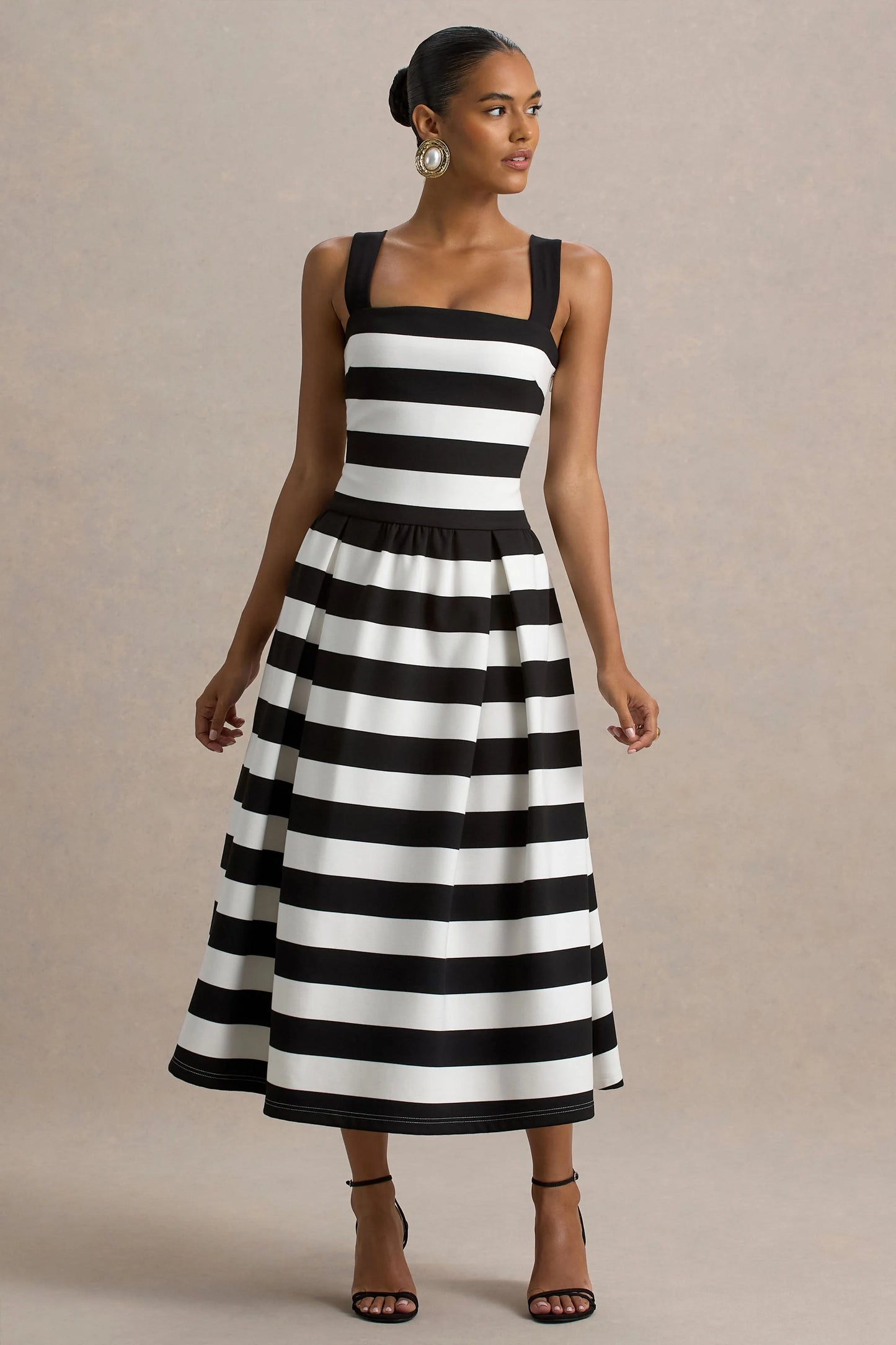 Monte Carlo Black & White Striped Square-Neck Drop-Waist Midi Dress