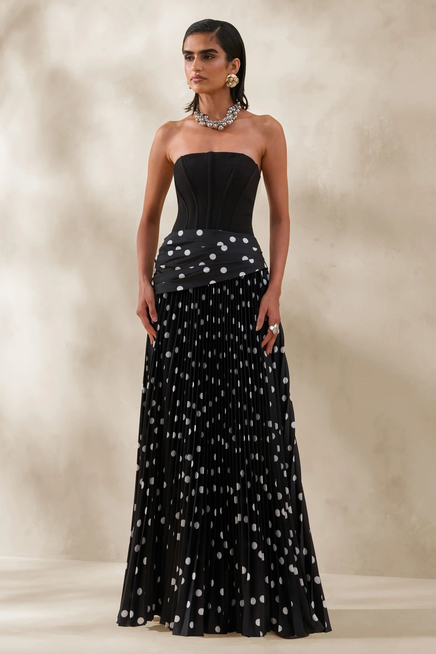 Valerisse Black And White Polka Dot Bandeau Maxi Dress