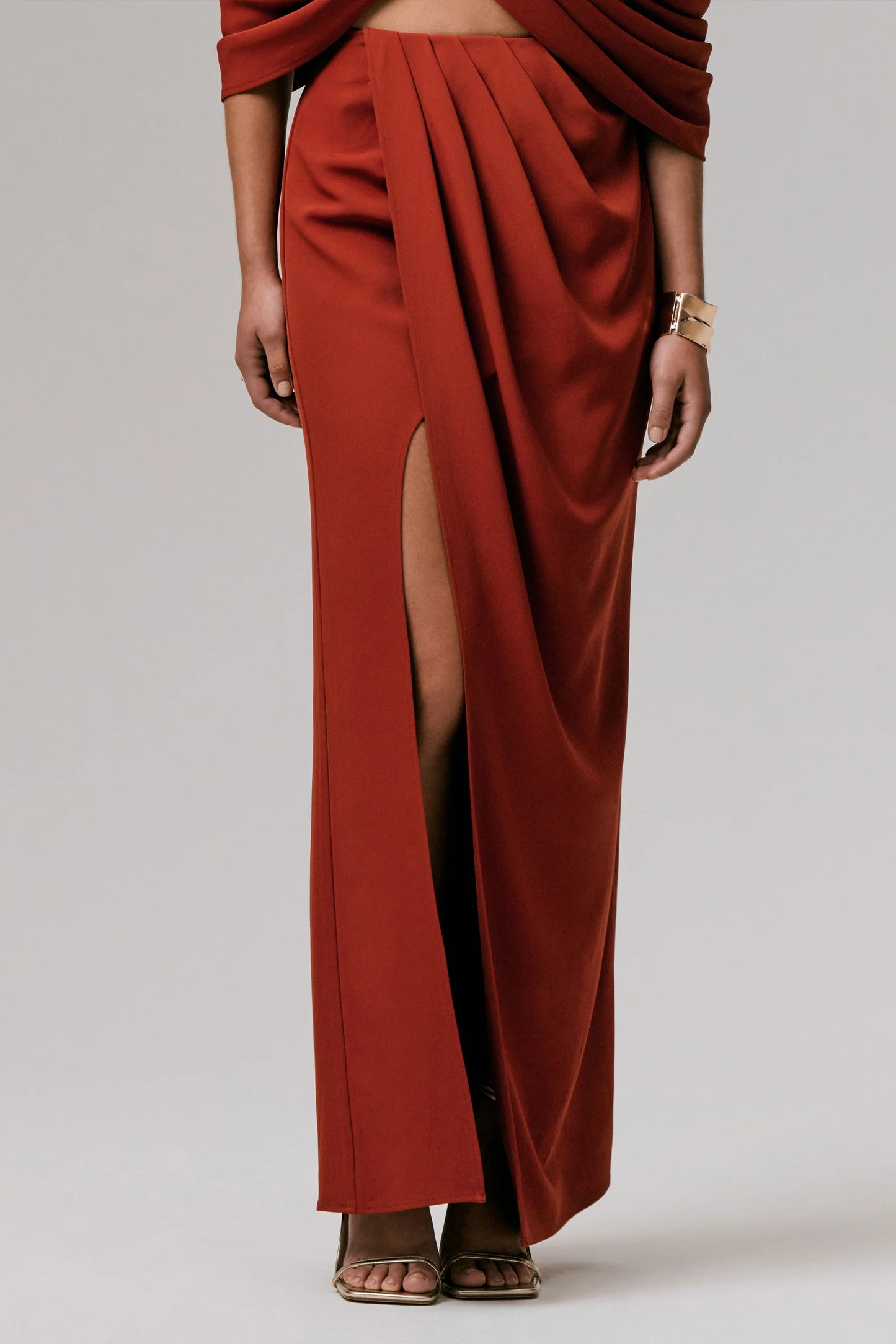 Zelina Terracotta Mid-Rise Maxi Skirt with Split