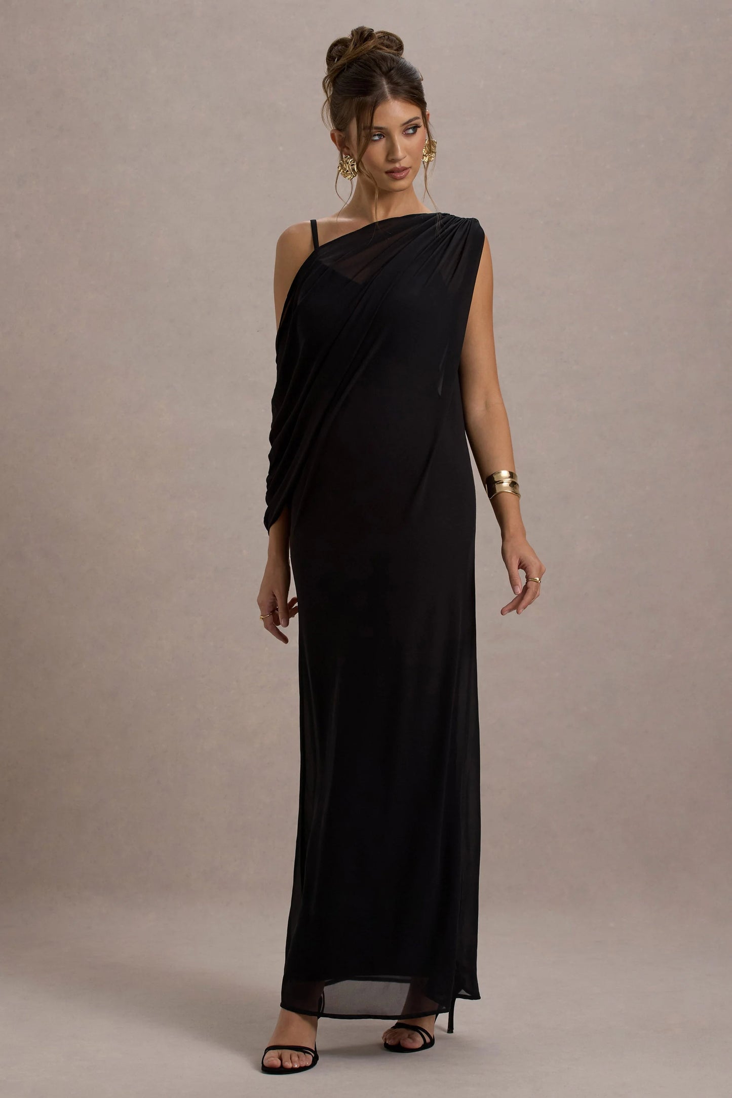 Aeliana Black Strappy V-Neck Maxi Dress With Chiffon Sash