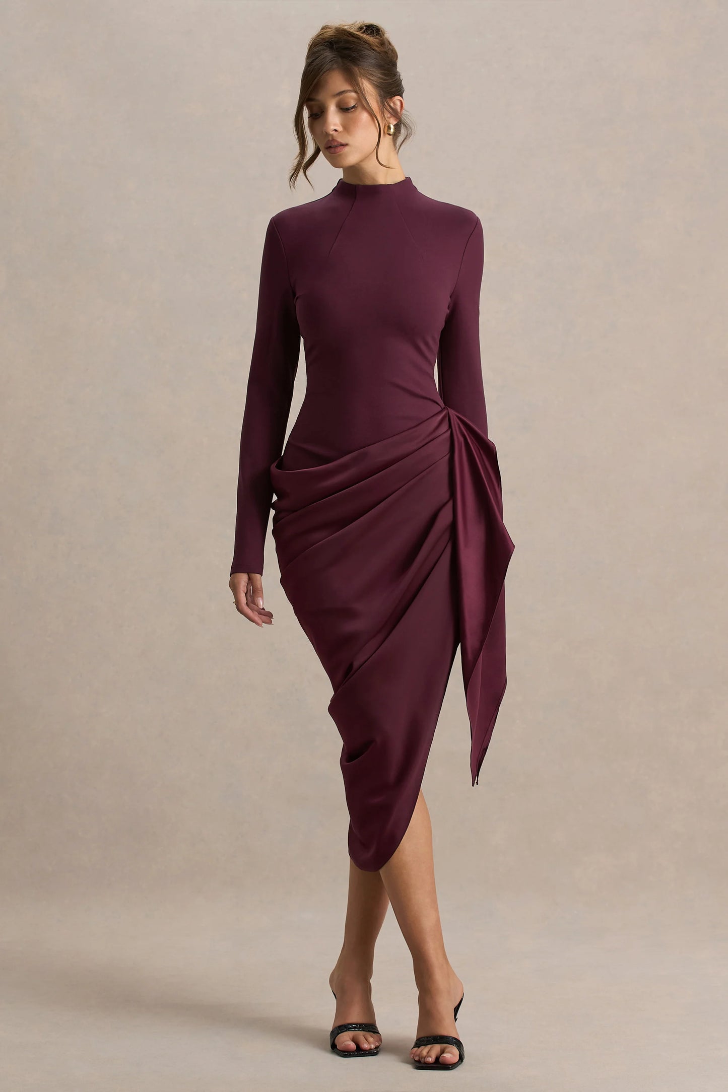 Raffie Plum Long-Sleeve Midi Dress With Satin Wrap Skirt