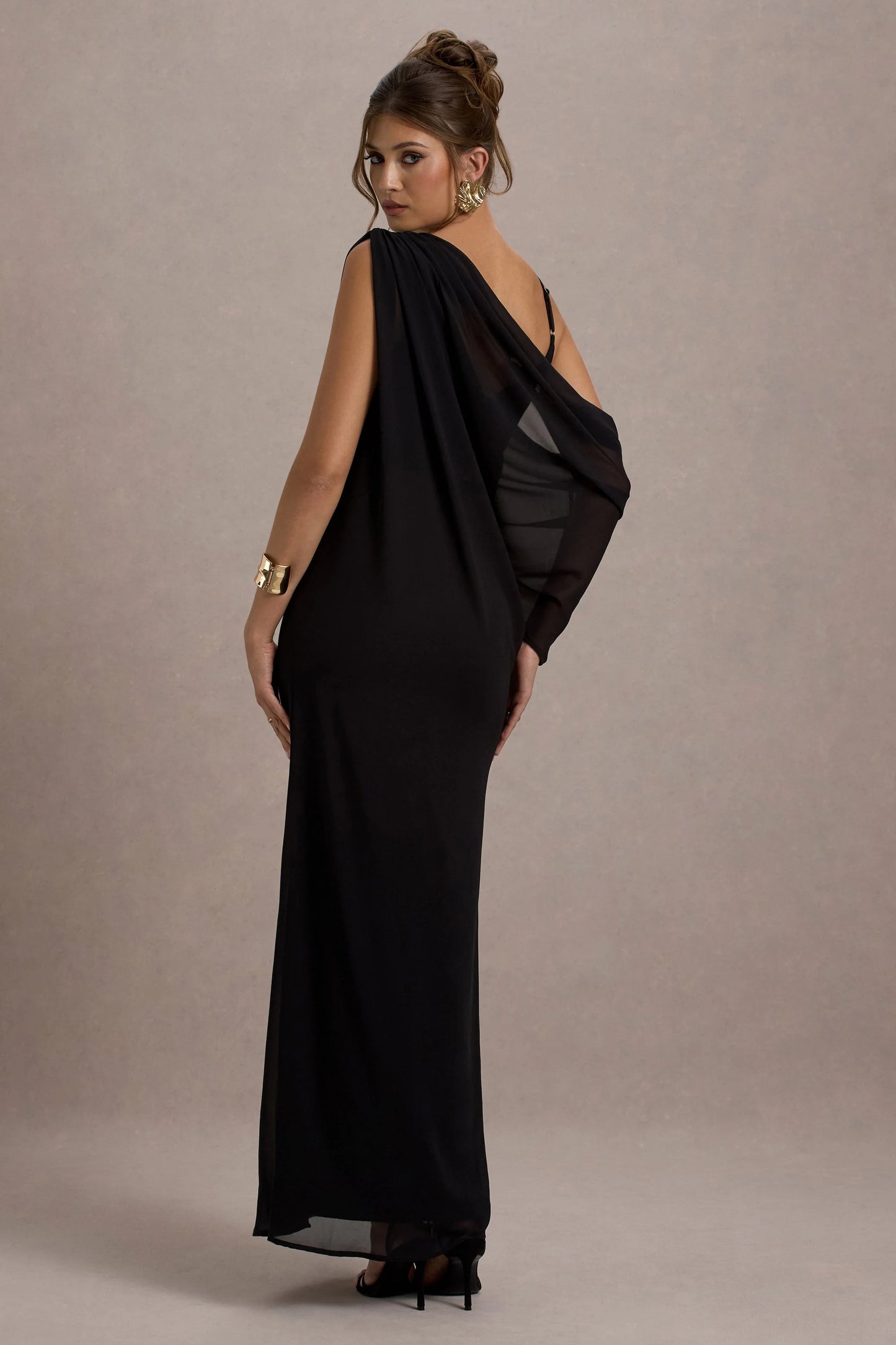 Aeliana Black Strappy V-Neck Maxi Dress With Chiffon Sash