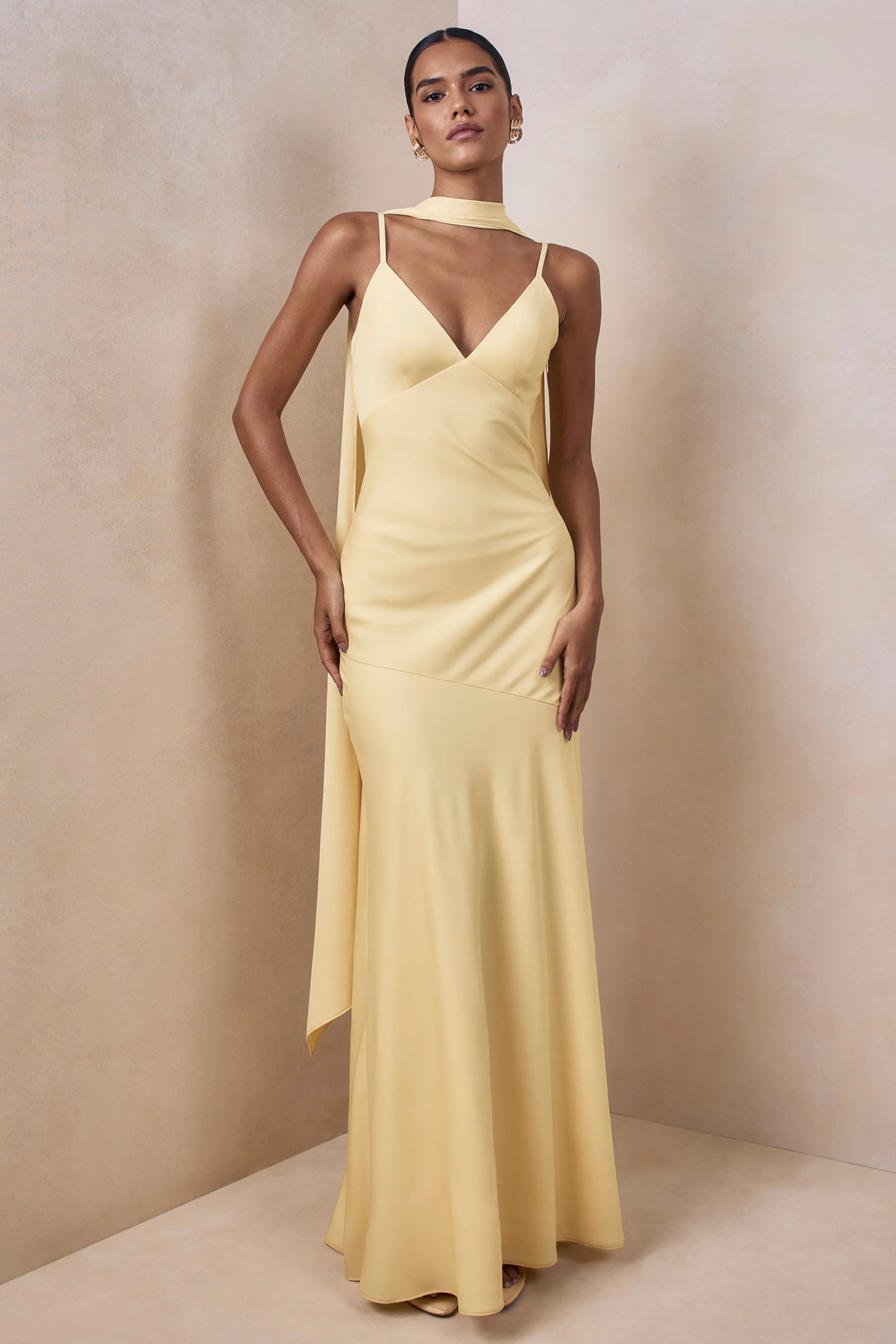 Starling Lemon Matte Satin Plunge-Neck Maxi Dress With Scarf-Detail