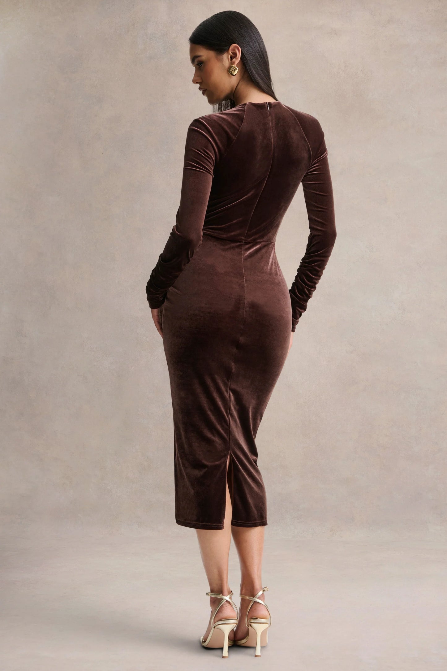 Francine Brown Velvet Round-Neck Midi Dress With Cut-Out Details