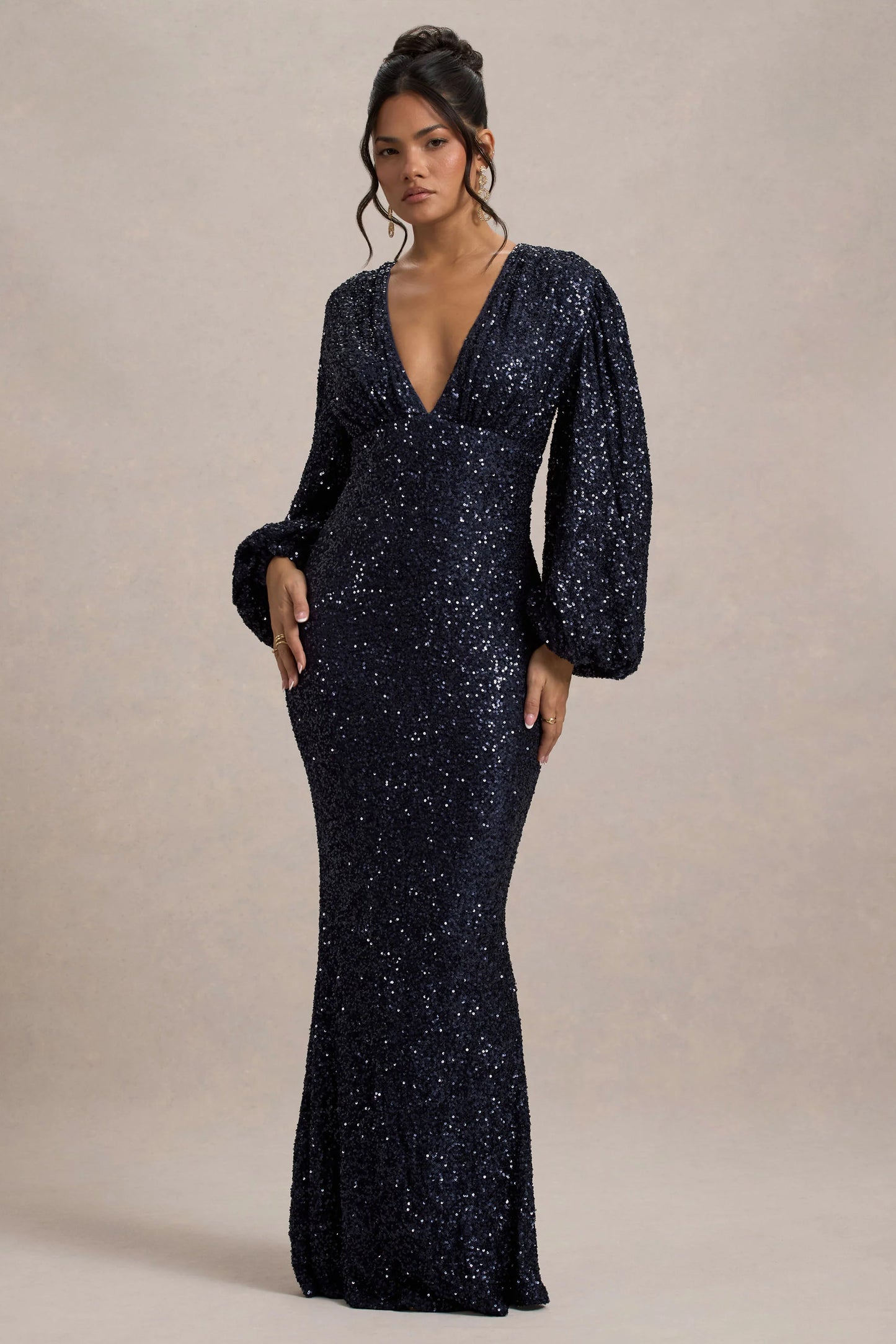 Kaelin Navy Sequin Plunge-Neck Maxi Dress