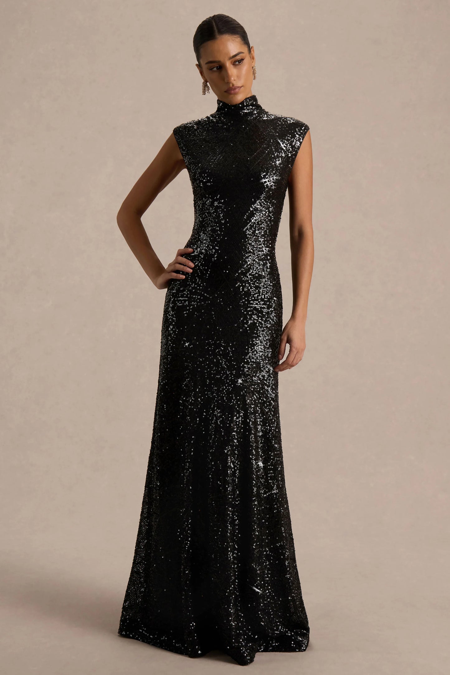 Cecy Black Sequin High-Neck Maxi Dress With Cap Sleeves