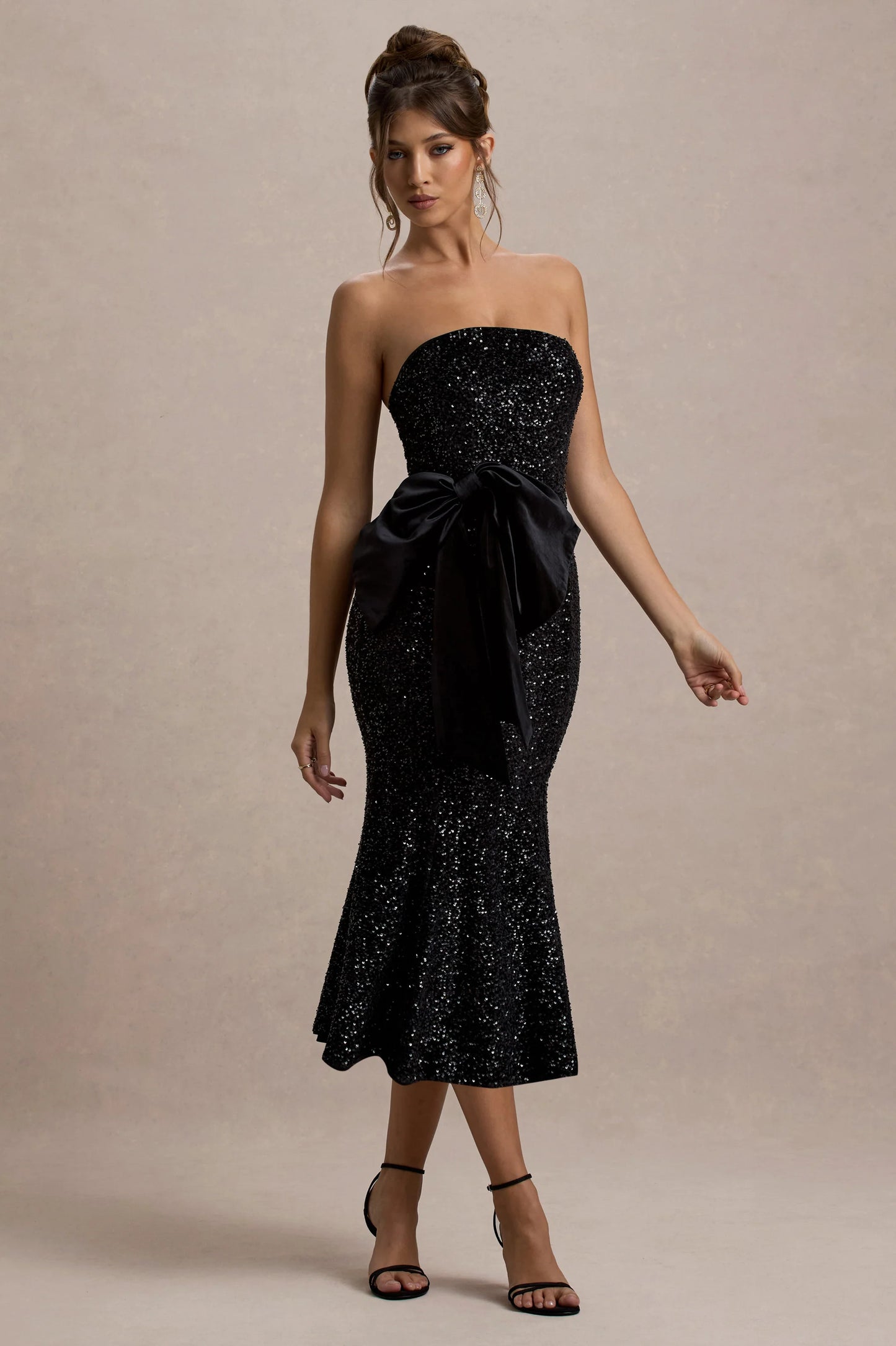 Adee Black Sequin Velvet Halter-Neck Midi Dress With Bow