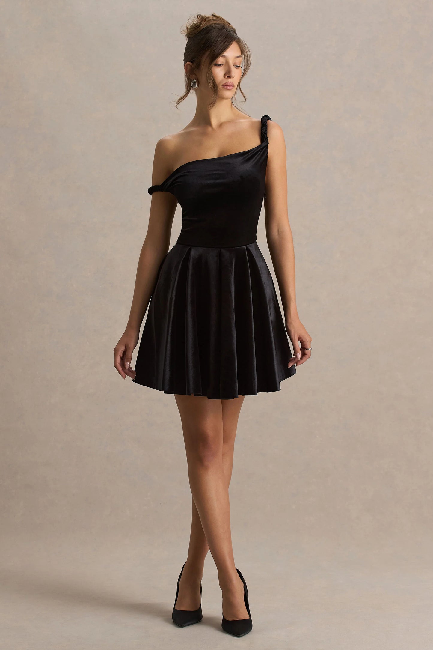 Leticia Black Asymmetric-Neck Velvet Mini Dress With Twist-Sleeve