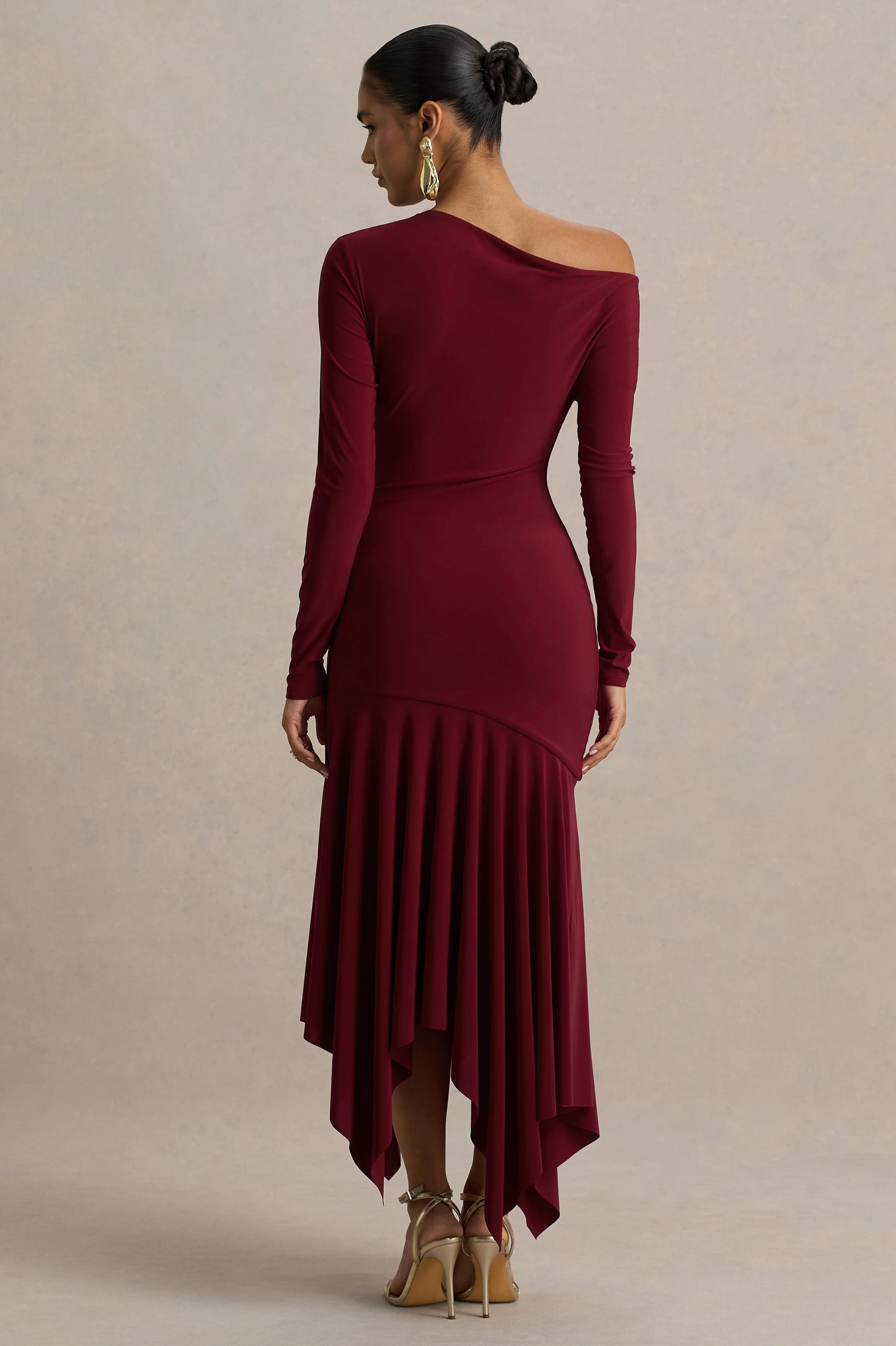 Isola Burgundy Asymmetric-Neck Midi Dress With Hanky-Hem