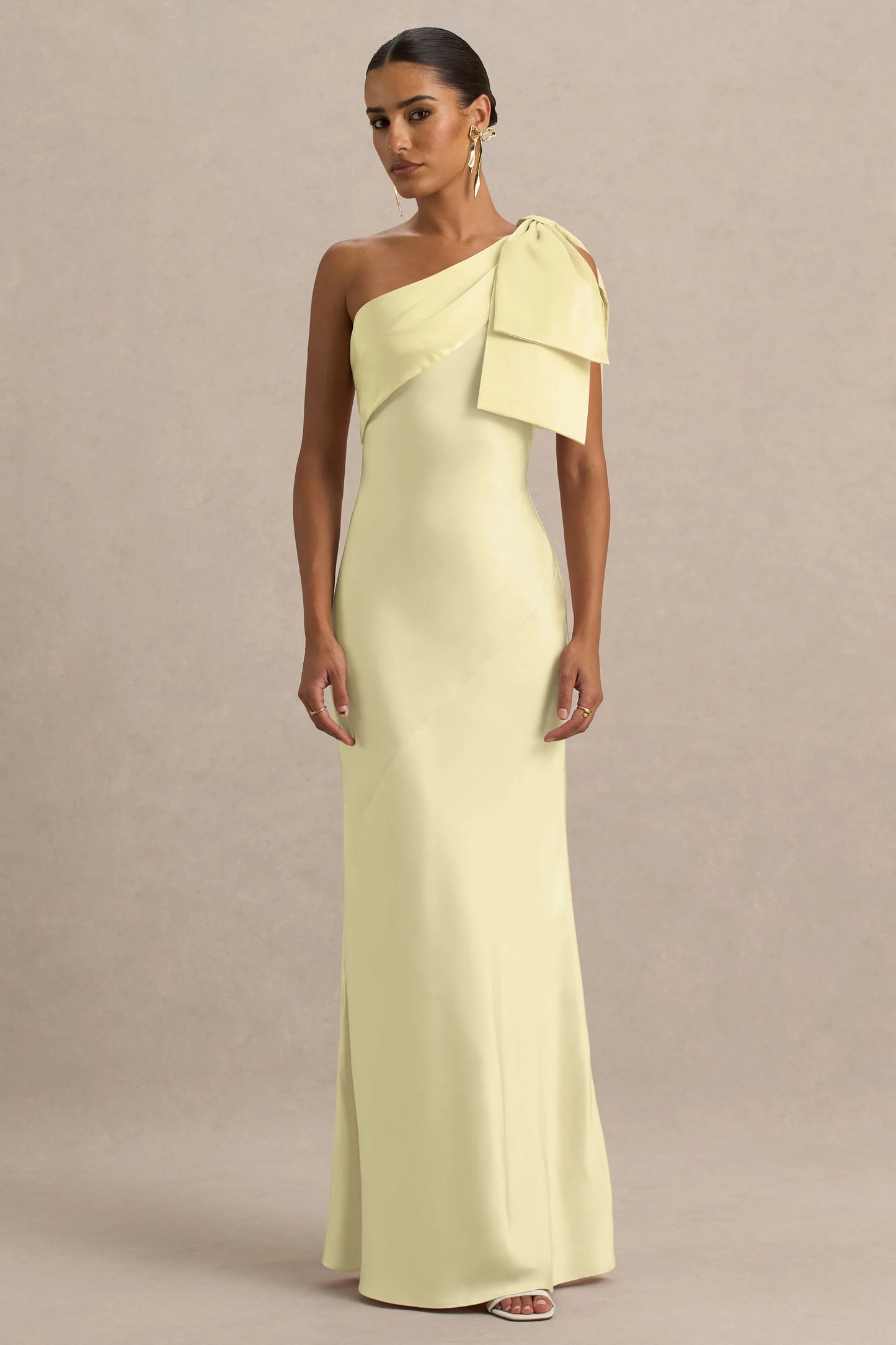 Valerie Lemon Satin Asymmetric-Neck Maxi Dress With Bow Detail