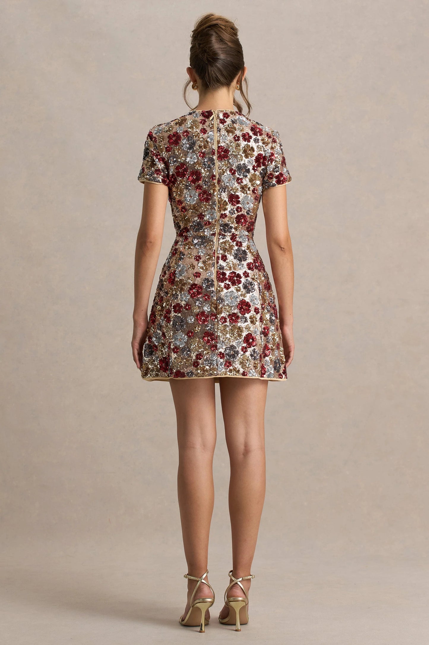Eira Red Floral Embellished Sequin Crew-Neck Mini Dress