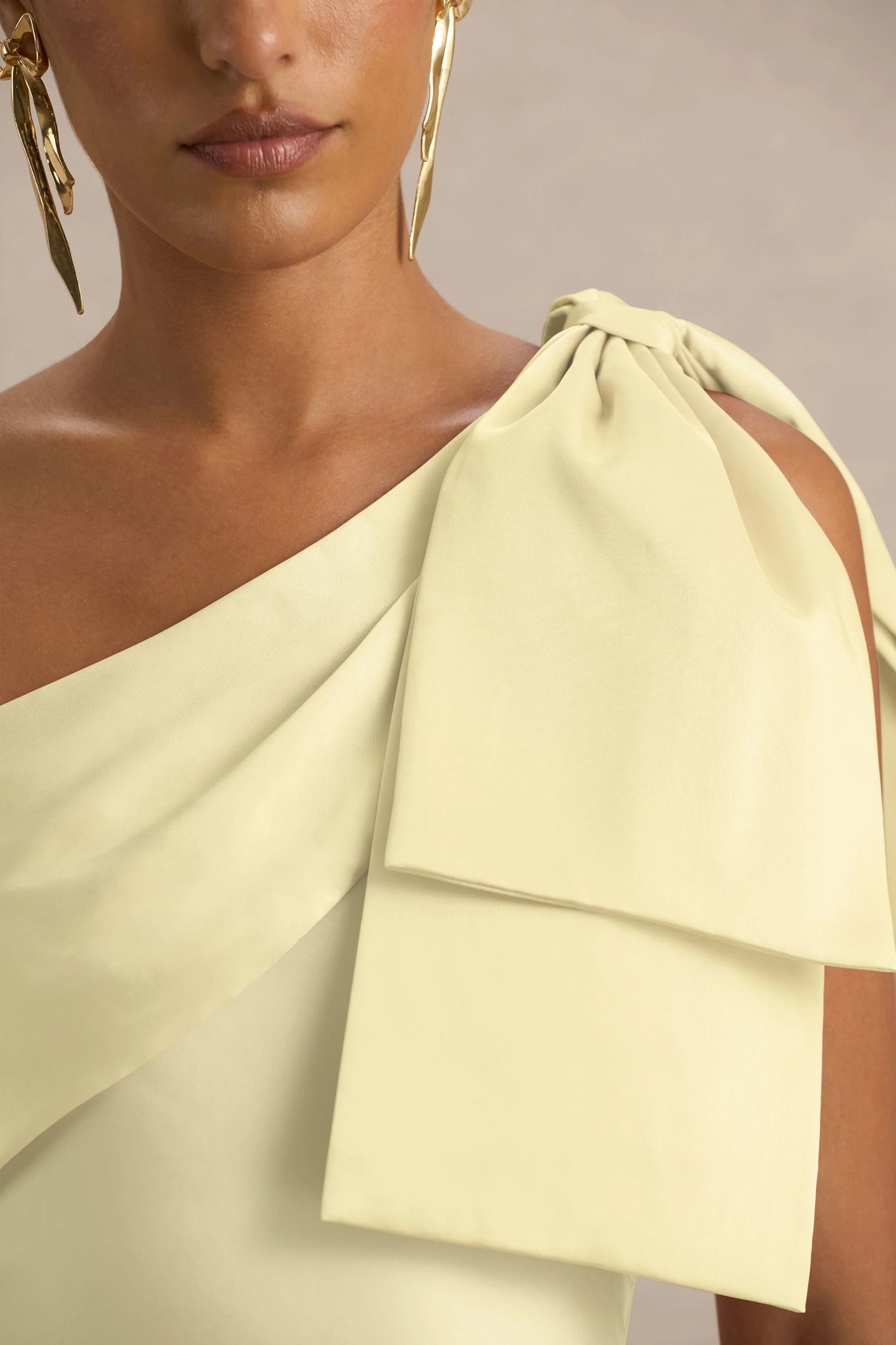 Valerie Lemon Satin Asymmetric-Neck Maxi Dress With Bow Detail