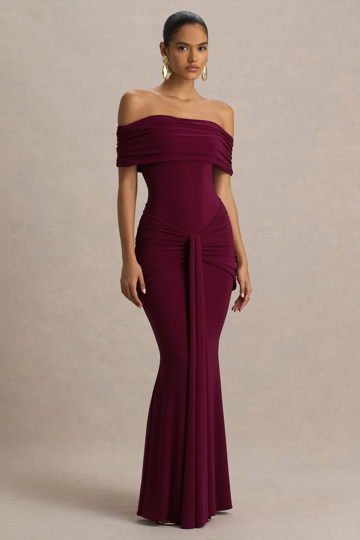 Envisioned Burgundy Bardot-Neck Maxi Dress With Gathered And Drape Detail
