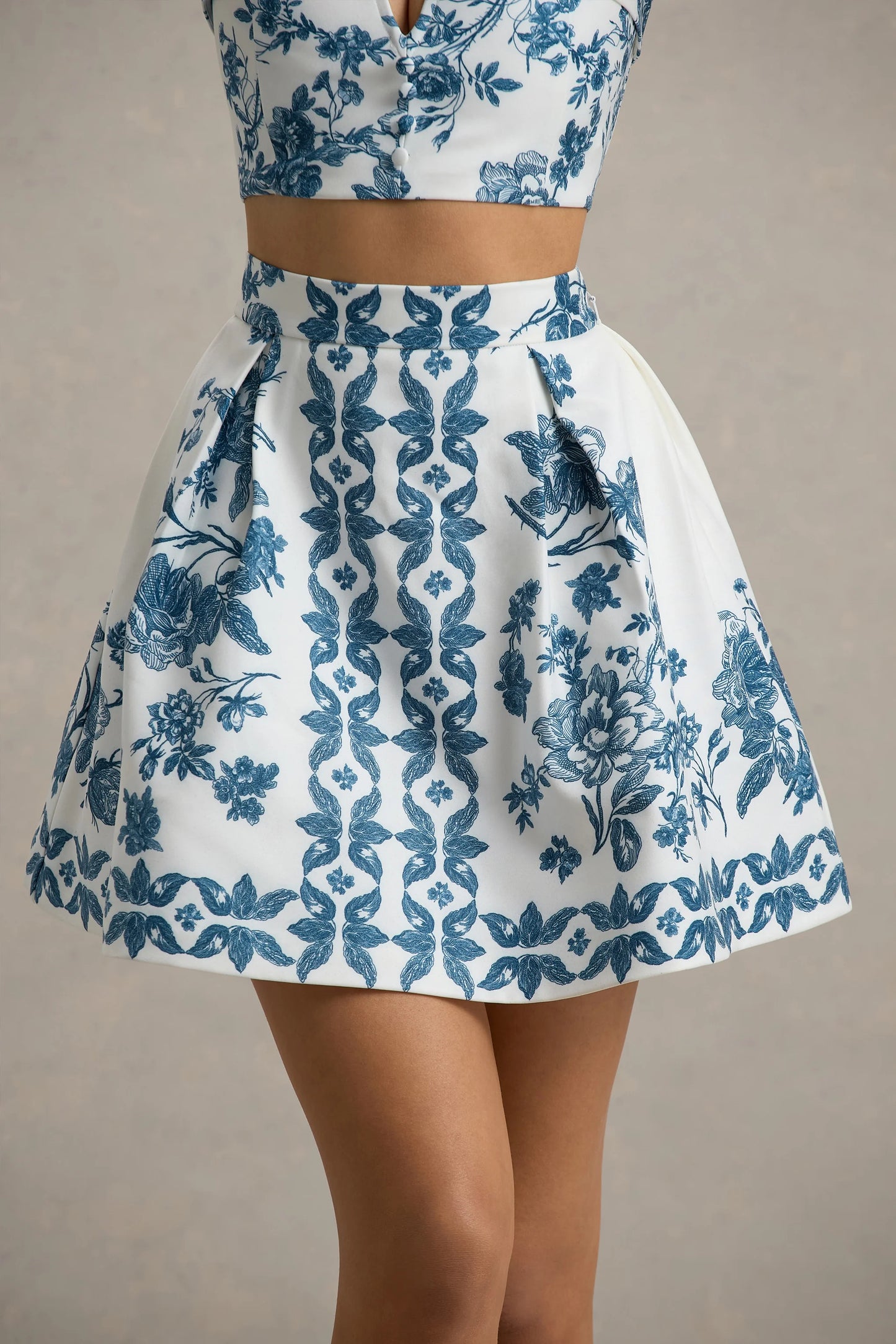 Modella Blue Porcelain Print Skater Mini Skirt