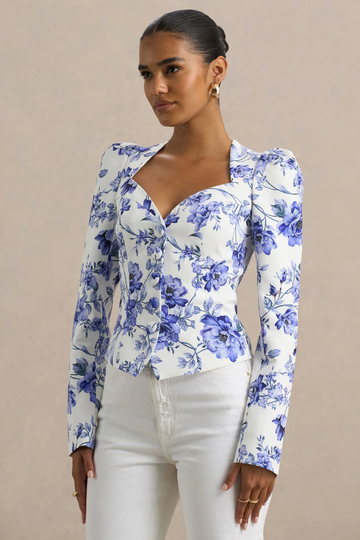 Olympia Blue Floral Print Sweetheart-Neck Tailored Top