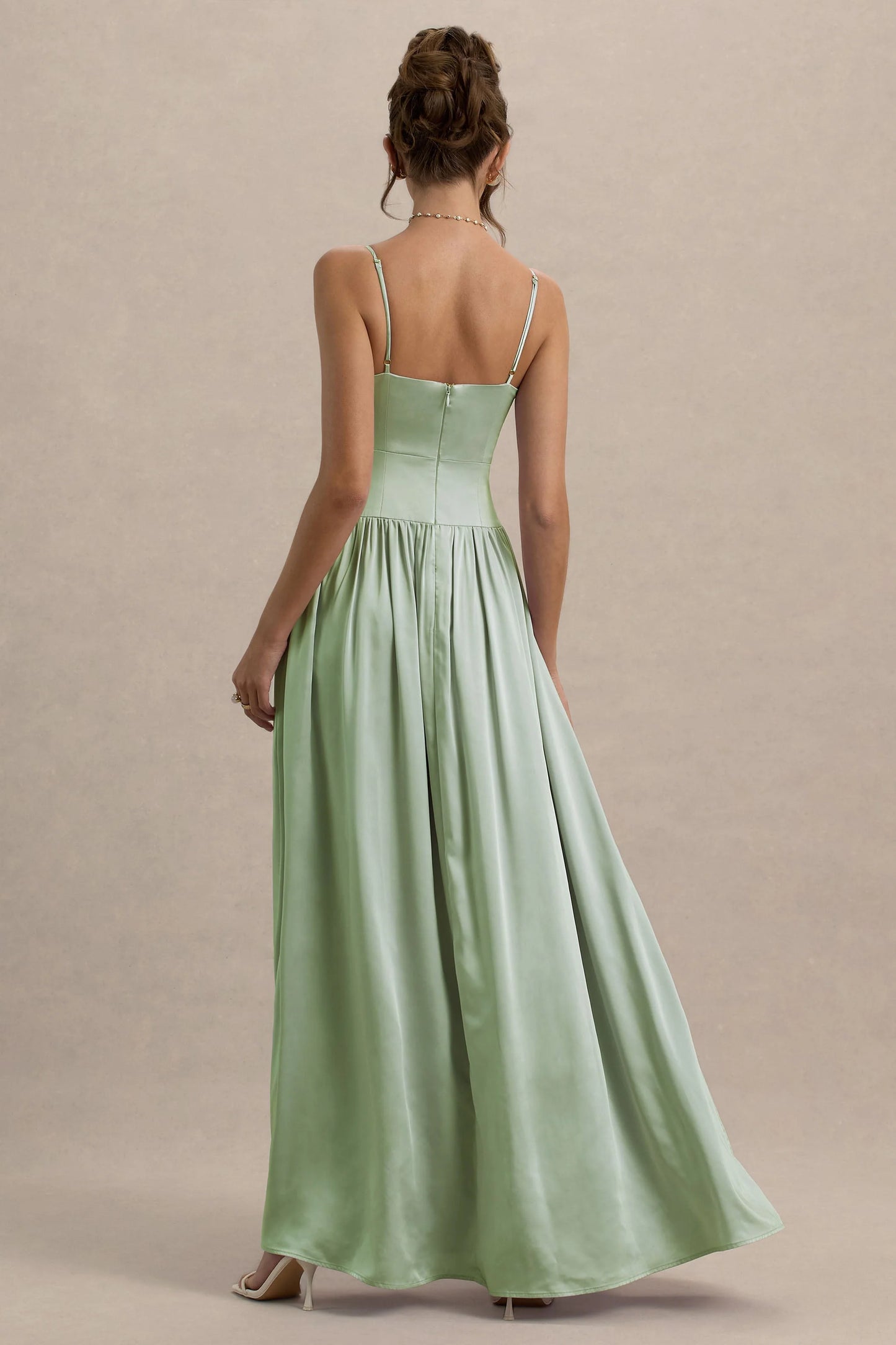 Jonas Light Green Plunge-Neck Maxi Dress With Cami Straps