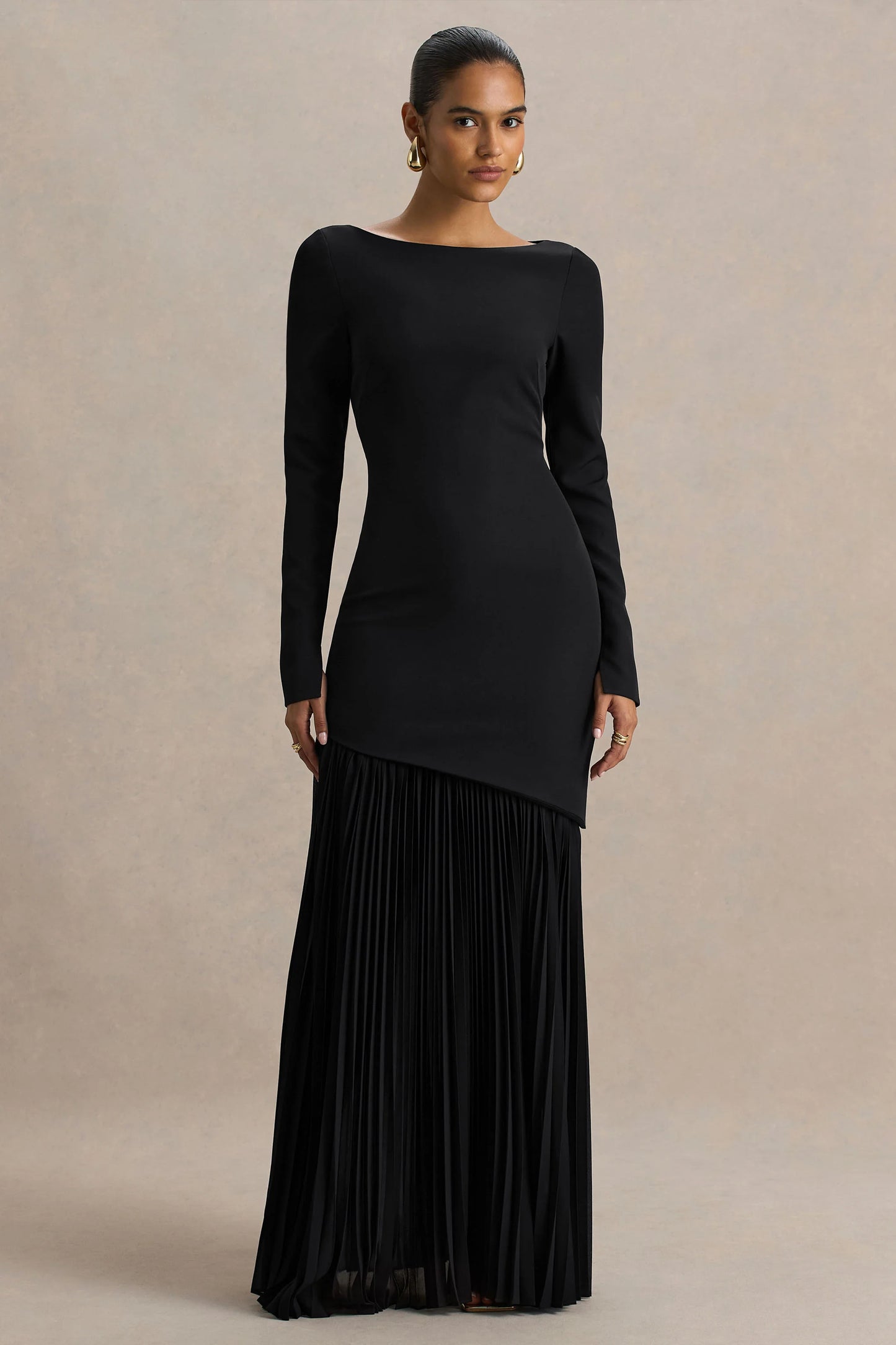 Yanira Black Crepe And Georgette Boat-Neck Maxi Dress With Drop Waist