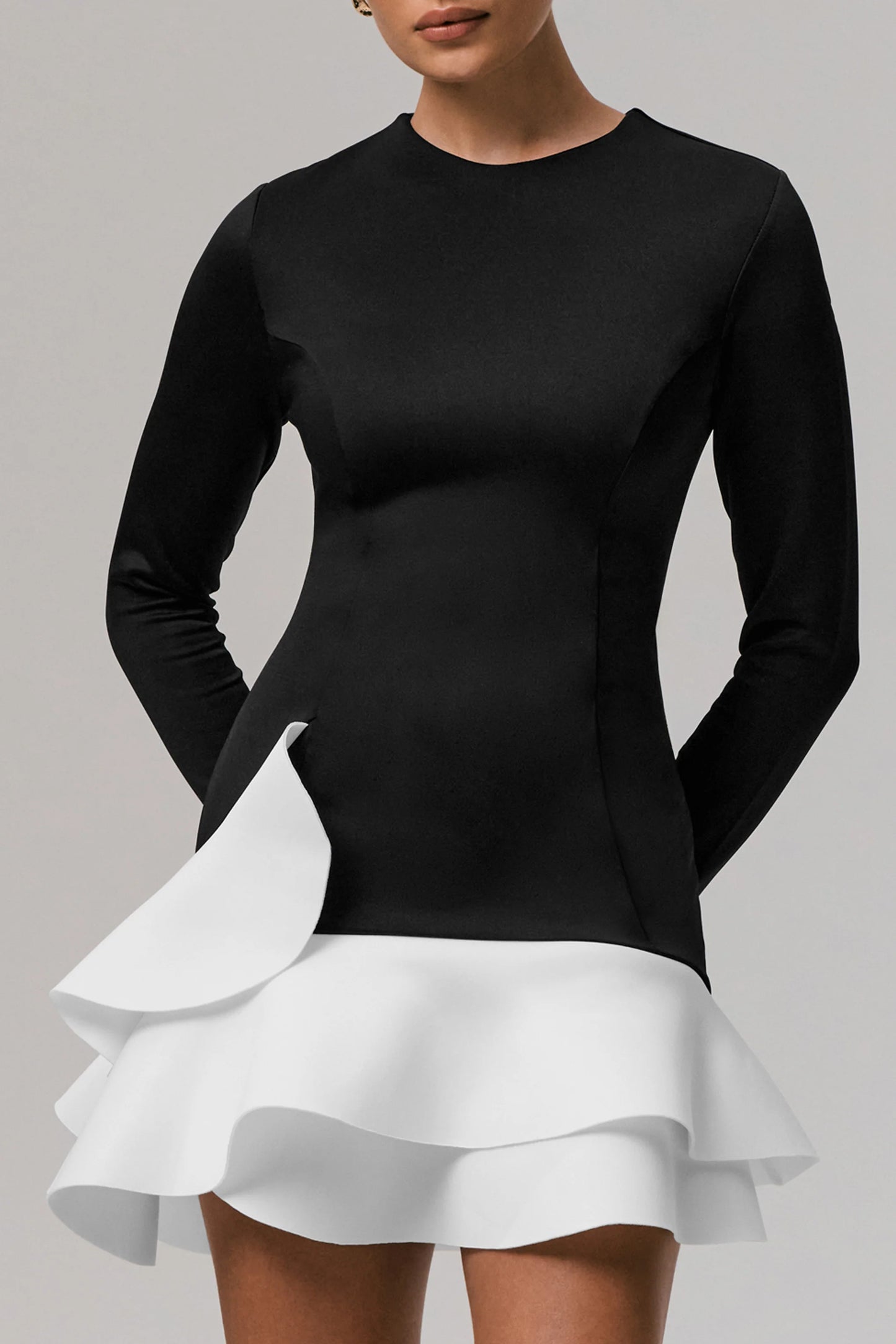 Lucinda Black & White Long-Sleeve Mini Dress With Ruffle Hem