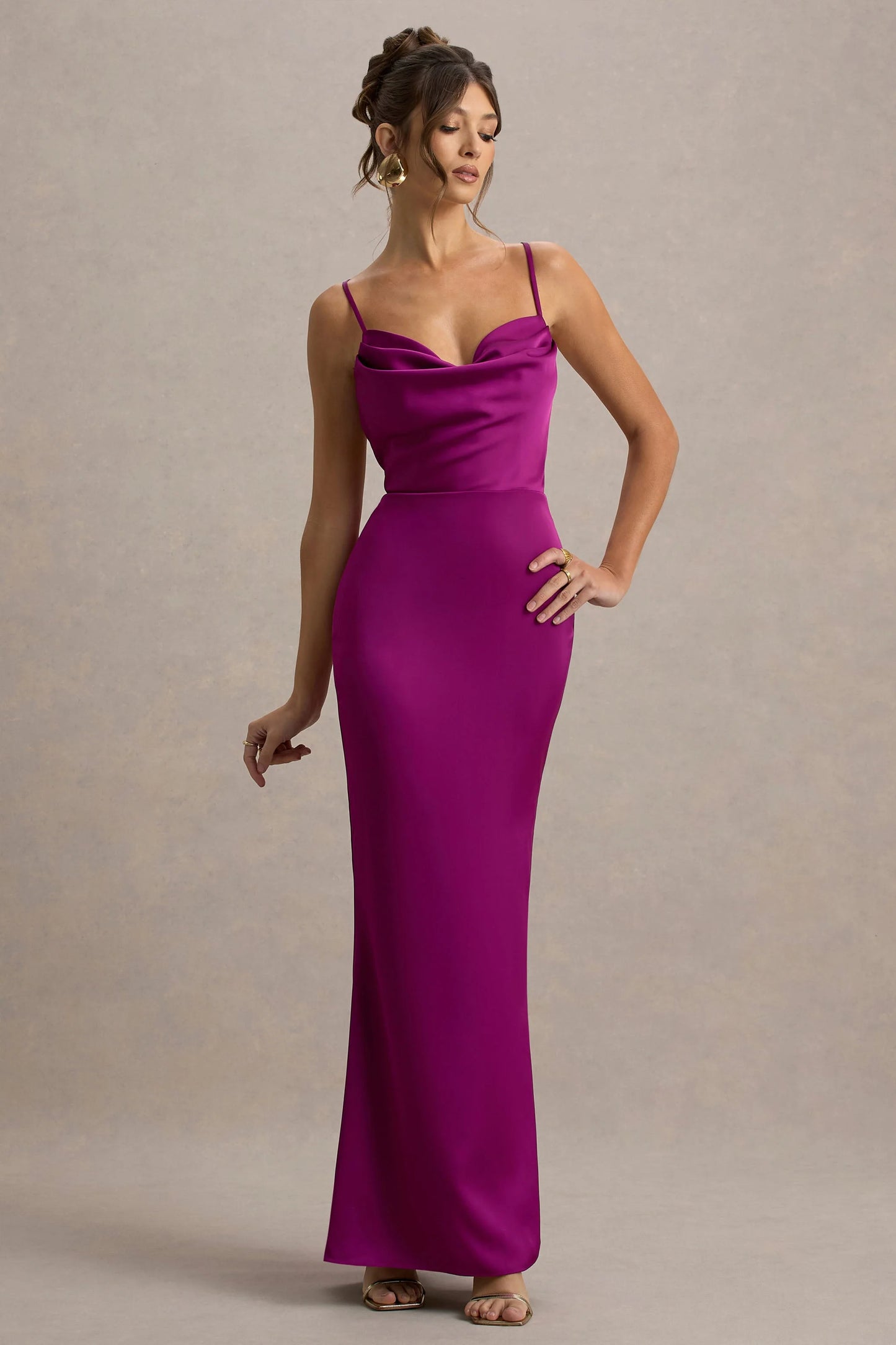 Gia Dark Pink Satin Cowl-Neck Maxi Dress