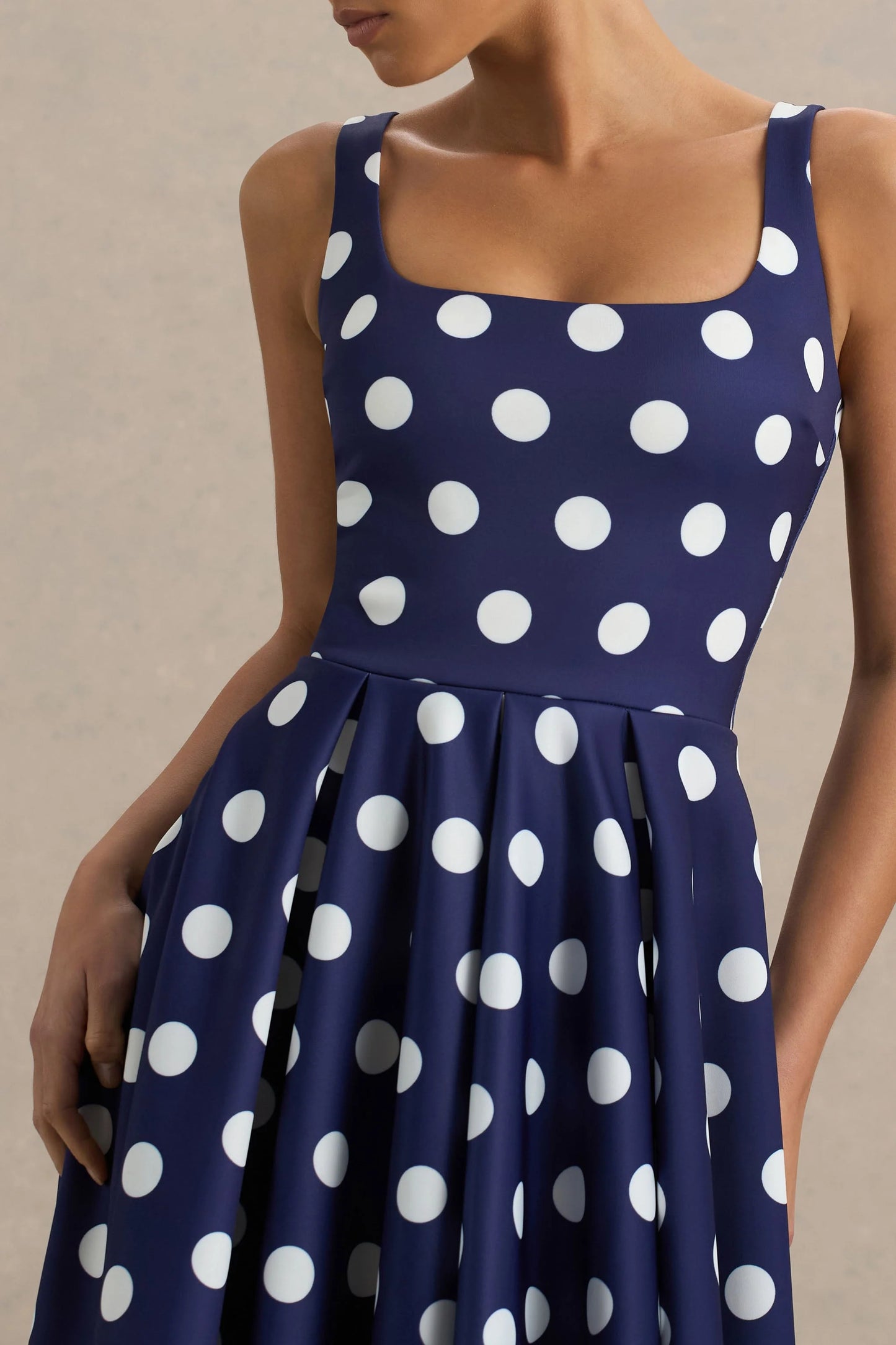 Berta Navy And White Polka-Dot Square-Neck Midi Dress