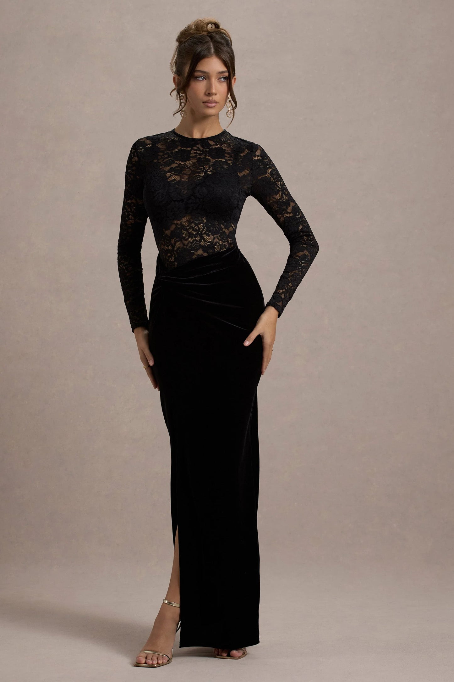 Loving Look Black Lace Long-Sleeve Twisted Split Maxi Dress