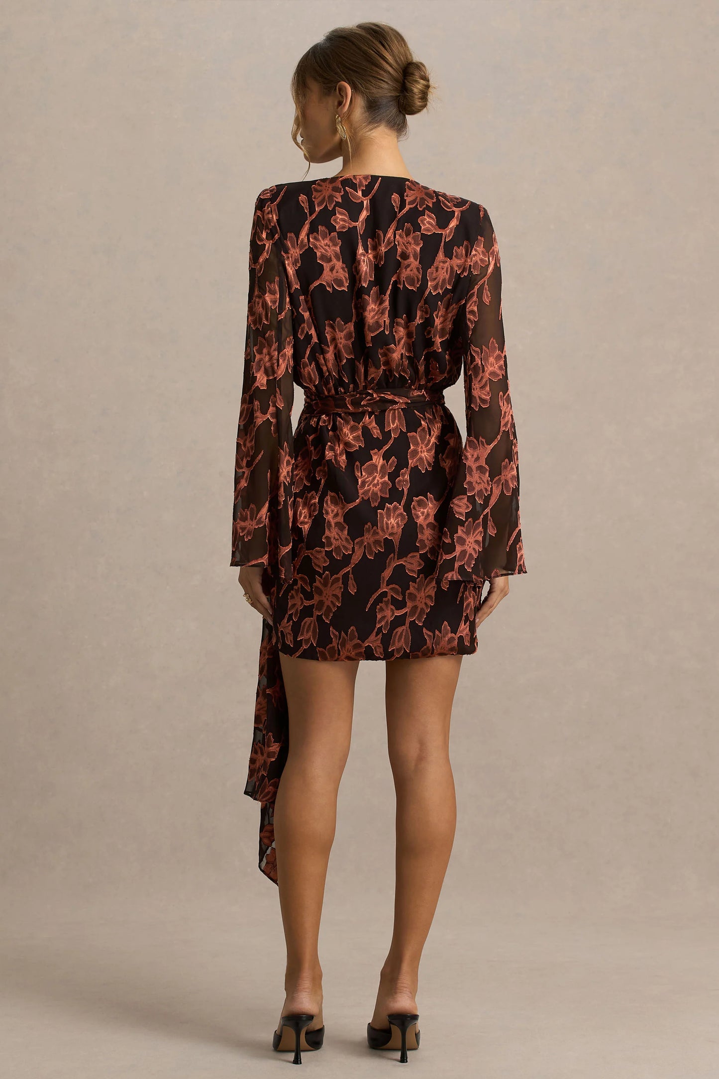 Lindsey Black And Rust Plunge-Neck Wrap Mini Dress With Bell Sleeves And Sash Detail