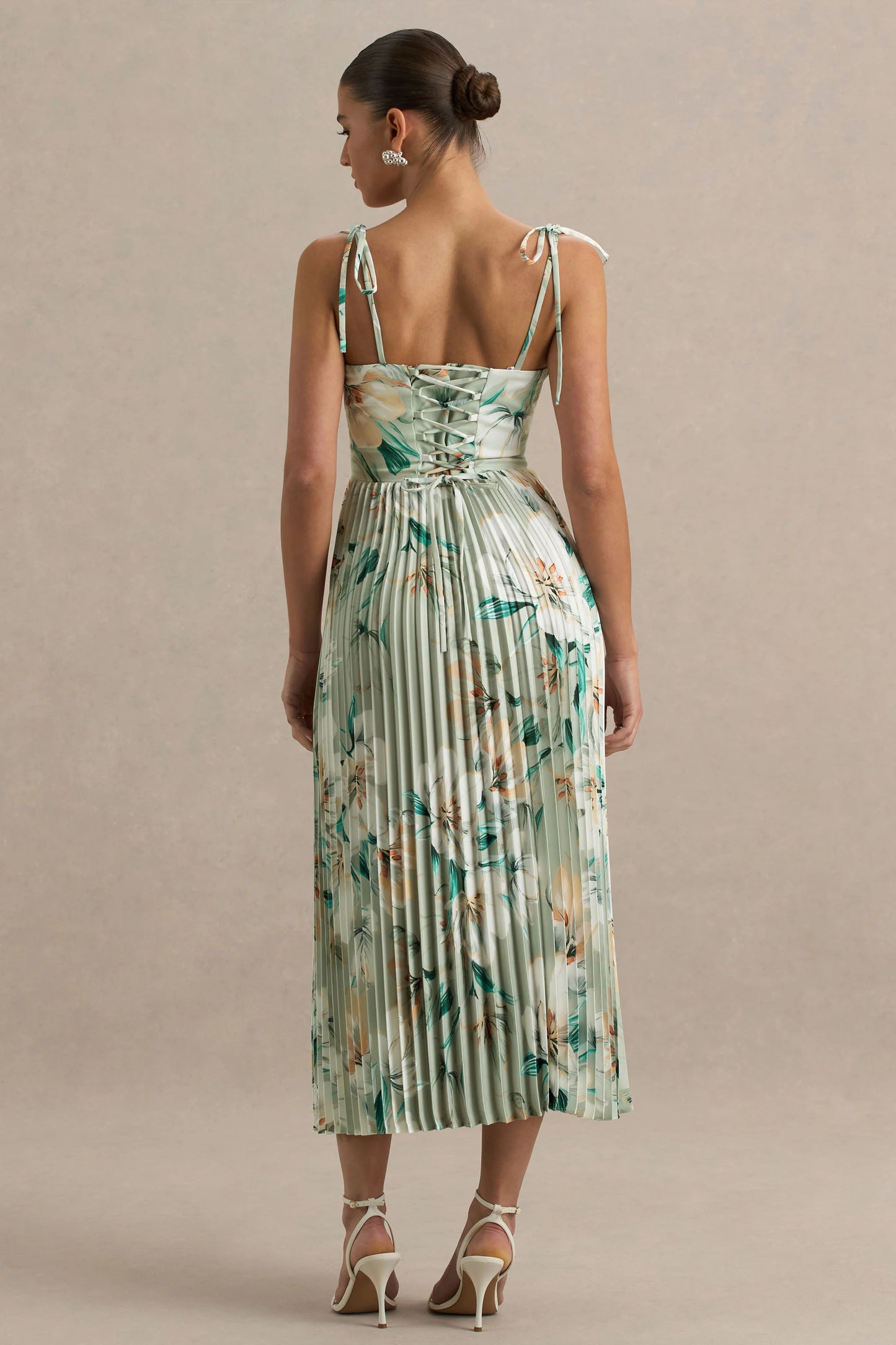 Peyton Green Floral Print Satin Sweetheart-Neck Midi Dress With Pleated Details