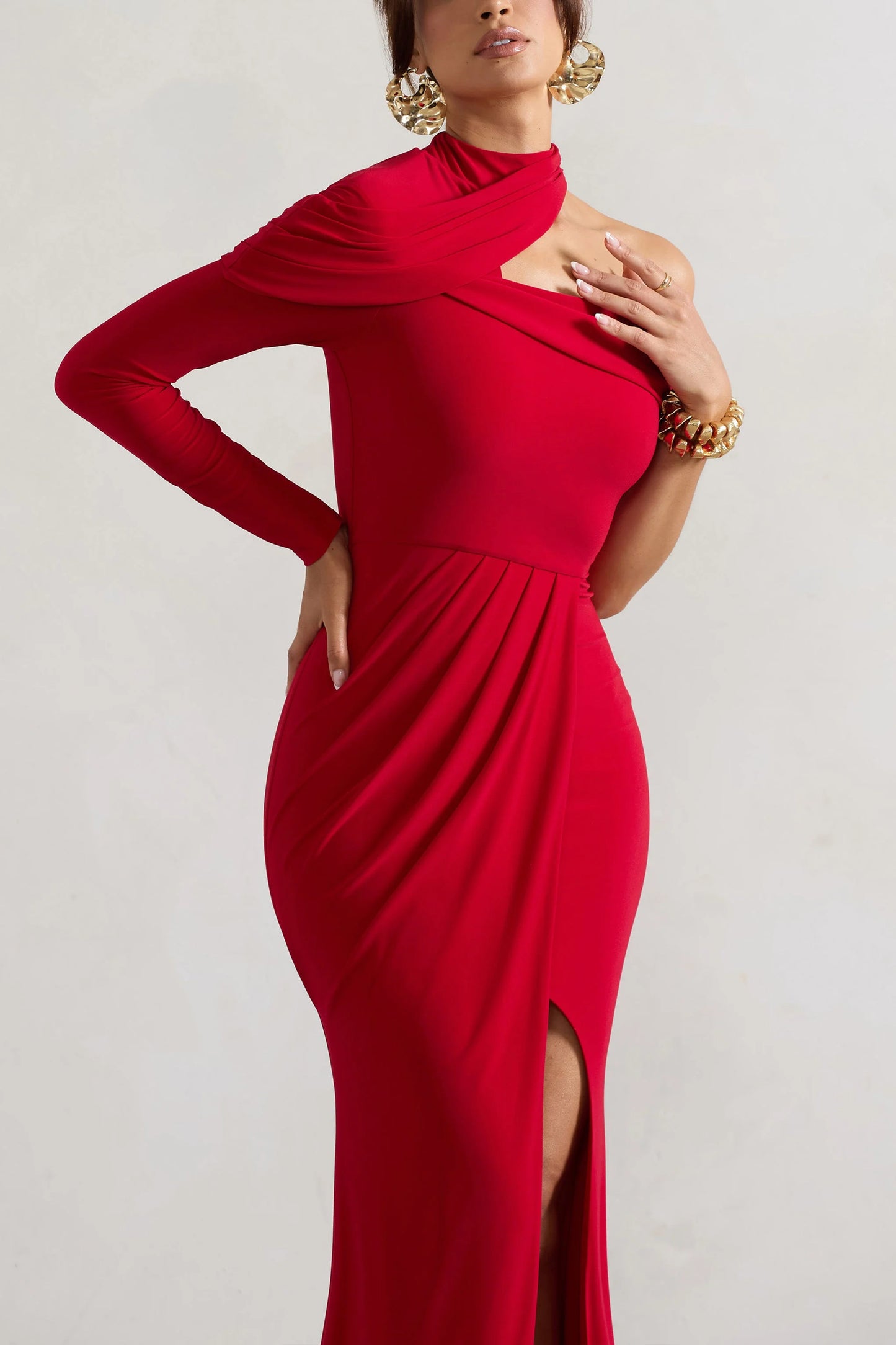 Tyla Red Asymmetric High-Neck Split Maxi Dress