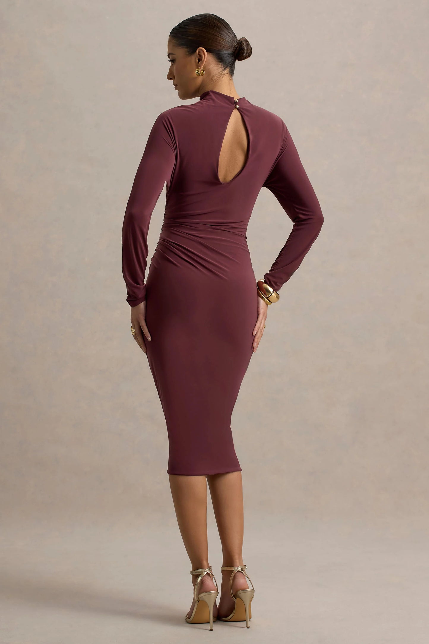 Pandora Burgundy Long-Sleeve Midi Dress With Cut-Out