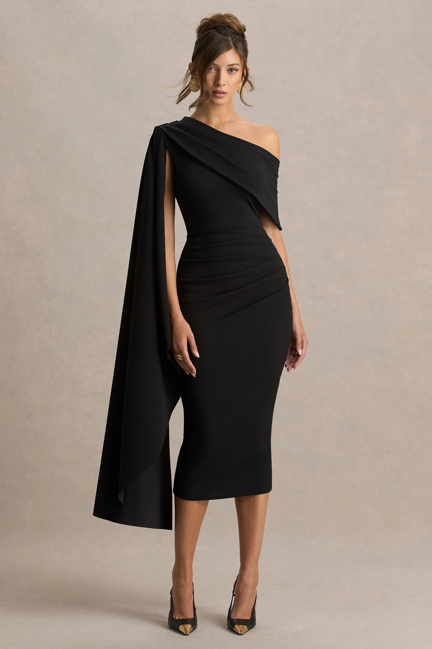 Leah Black Asymmetric-Neck Midi Dress With Cape-Sleeve