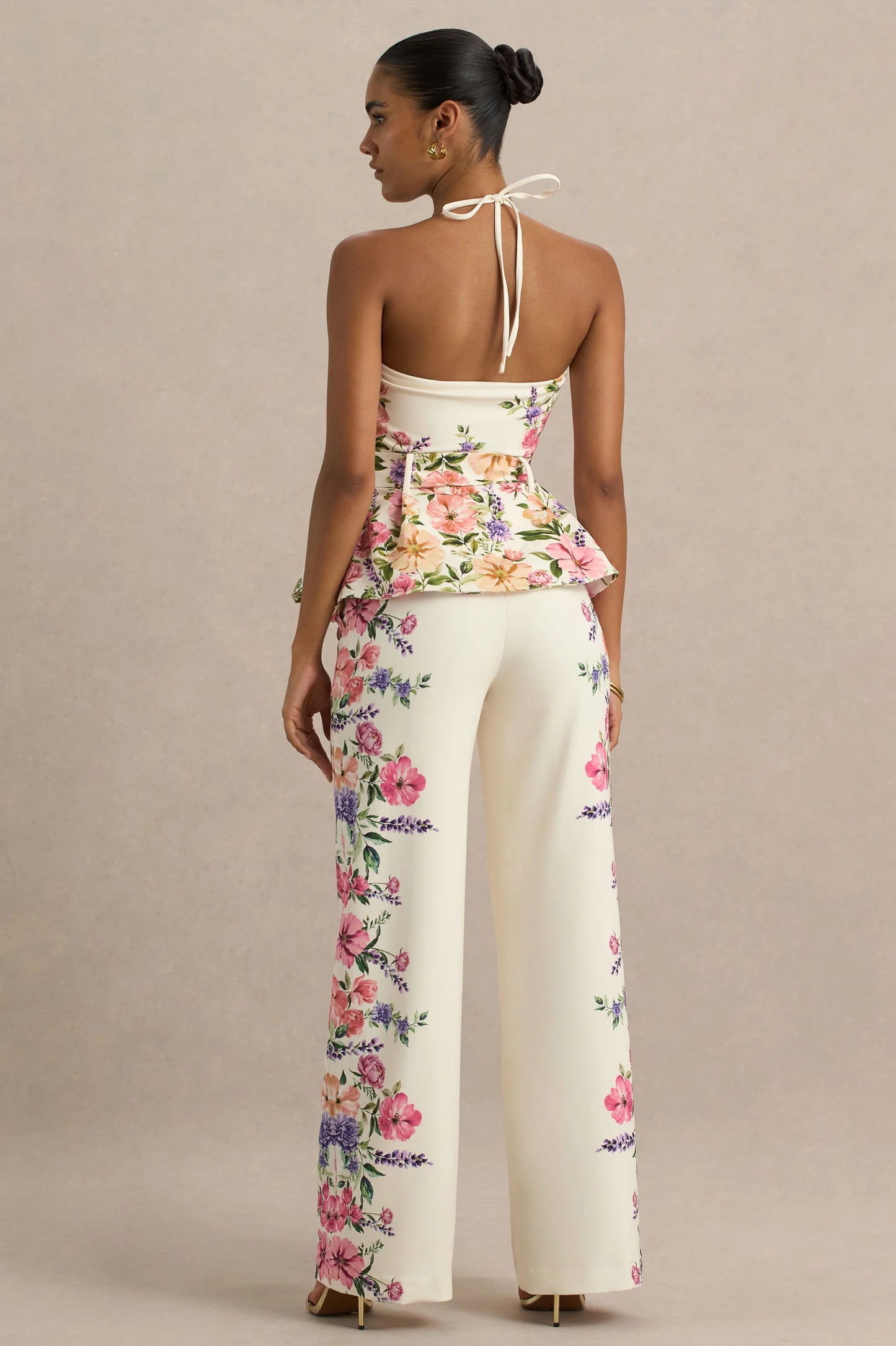 Solana White Floral Border Print Wide-Leg Trousers