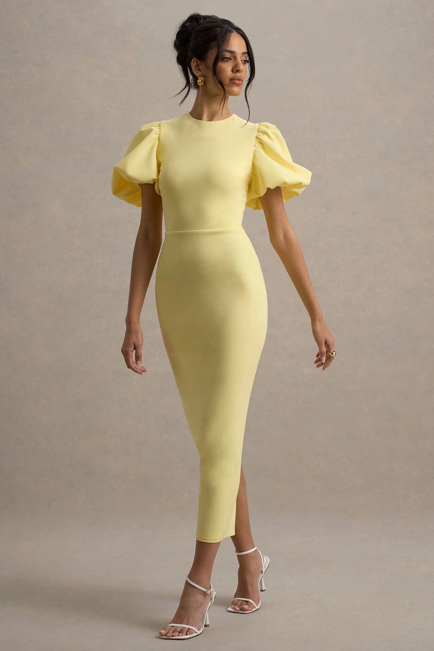 Dakota Lemon Puff-Sleeve Midi Dress