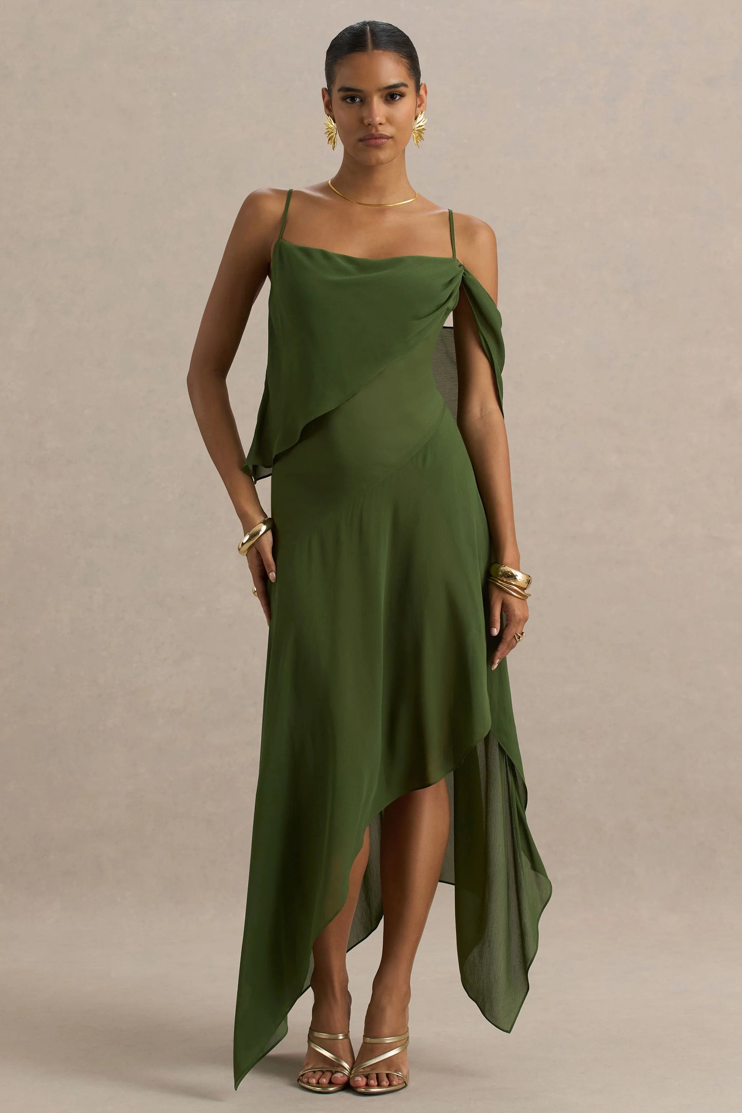 Tiara Green Asymmetric Midi Dress With Draping Detailing and Open-Back