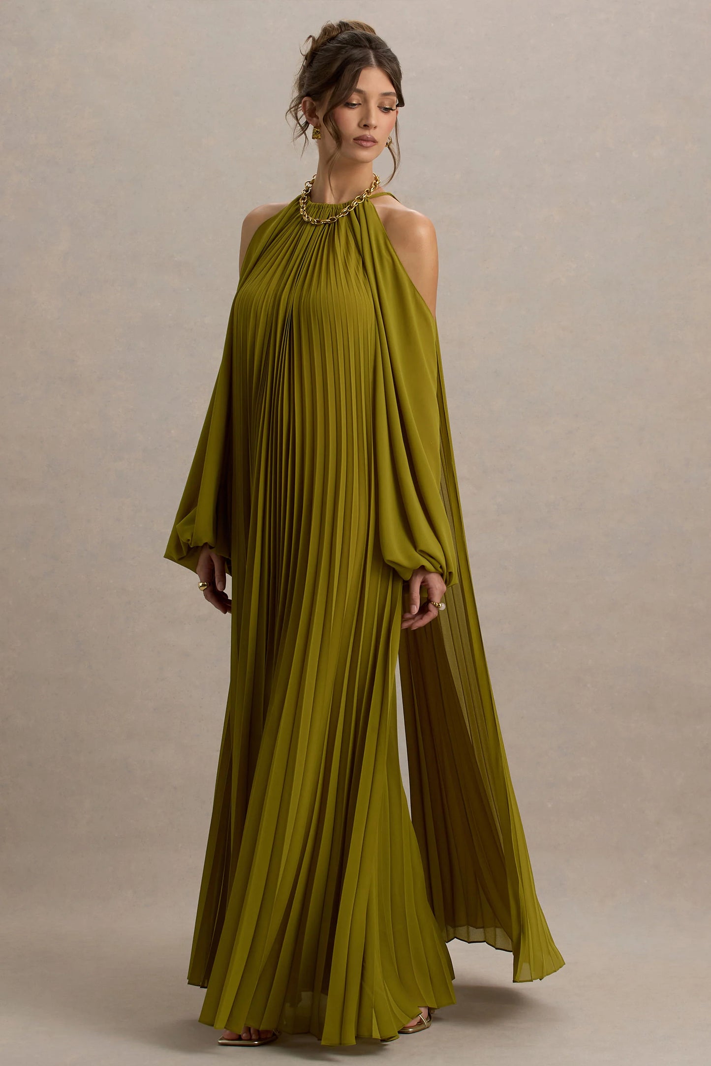 Reyna Olive Pleated Chiffon Cold-Shoulder Maxi Dress