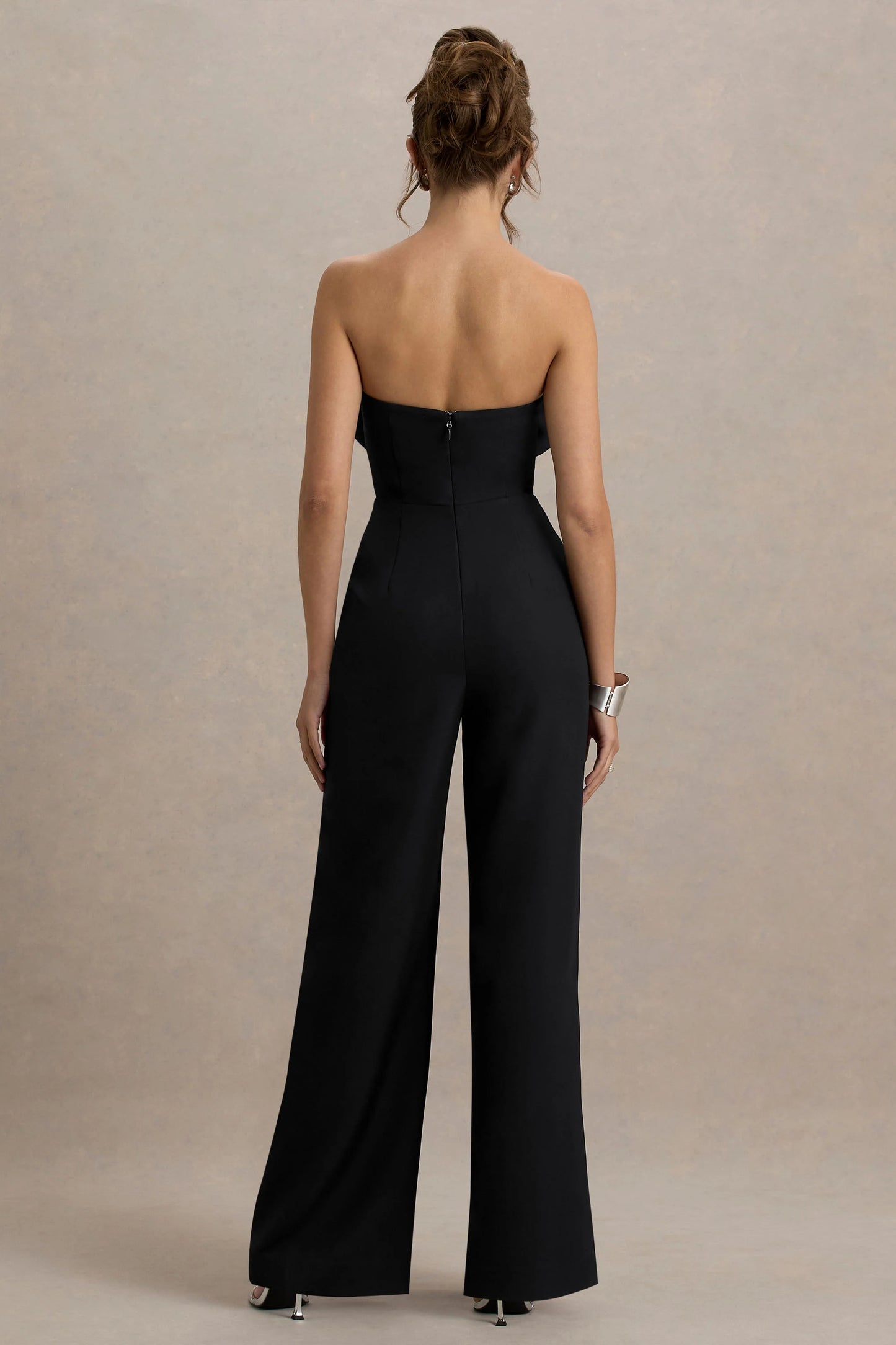 Opia Black Bandeau Wide-Leg Jumpsuit With Large Floral Corsage
