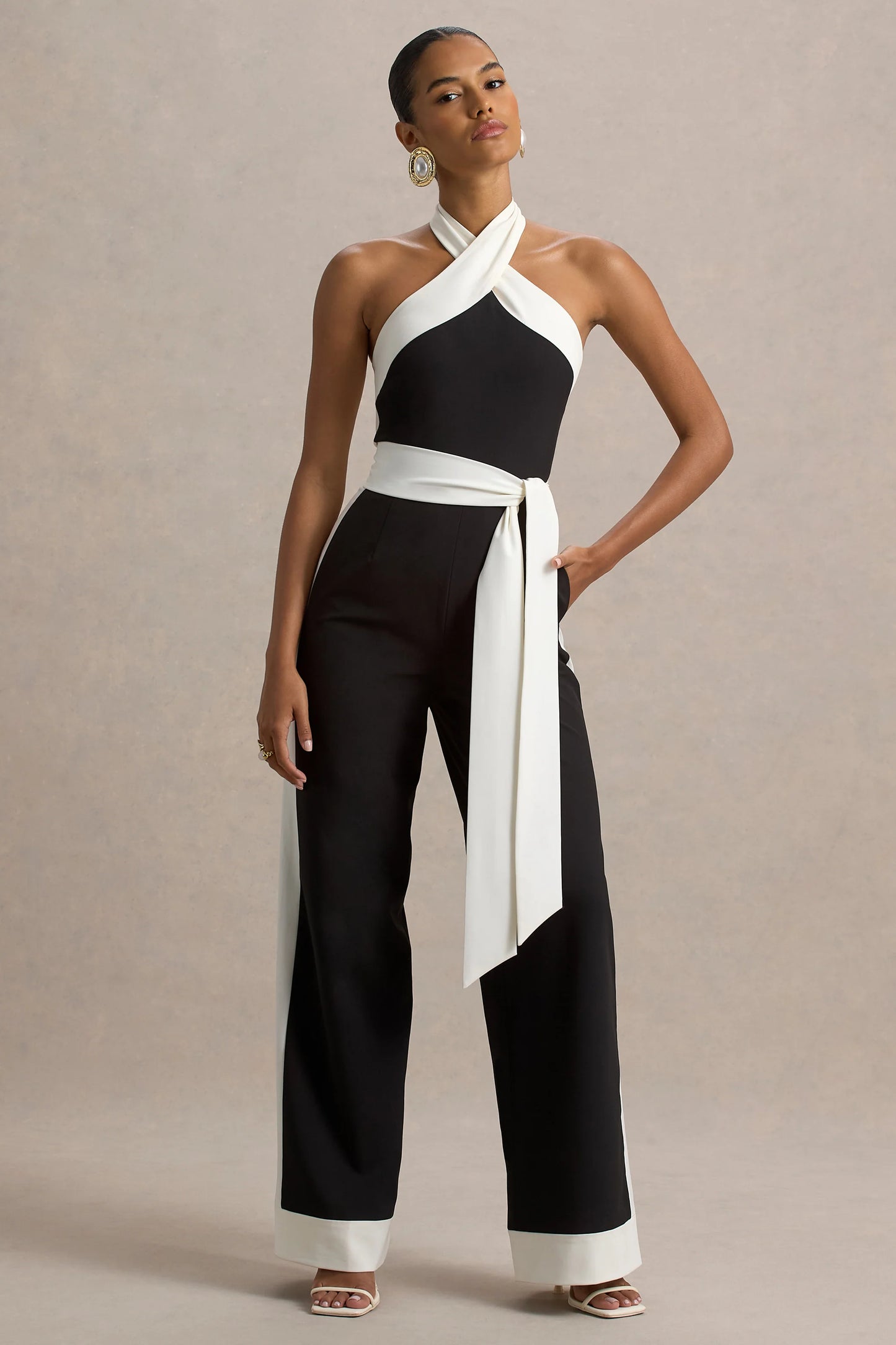 Caterina Black & White Halter-Neck Wide-Leg Jumpsuit