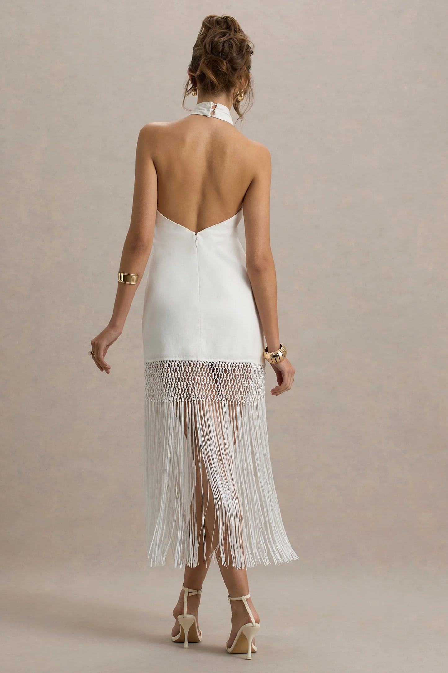 Fiametta Ecru Linen Halter-Neck Fringe Maxi Dress