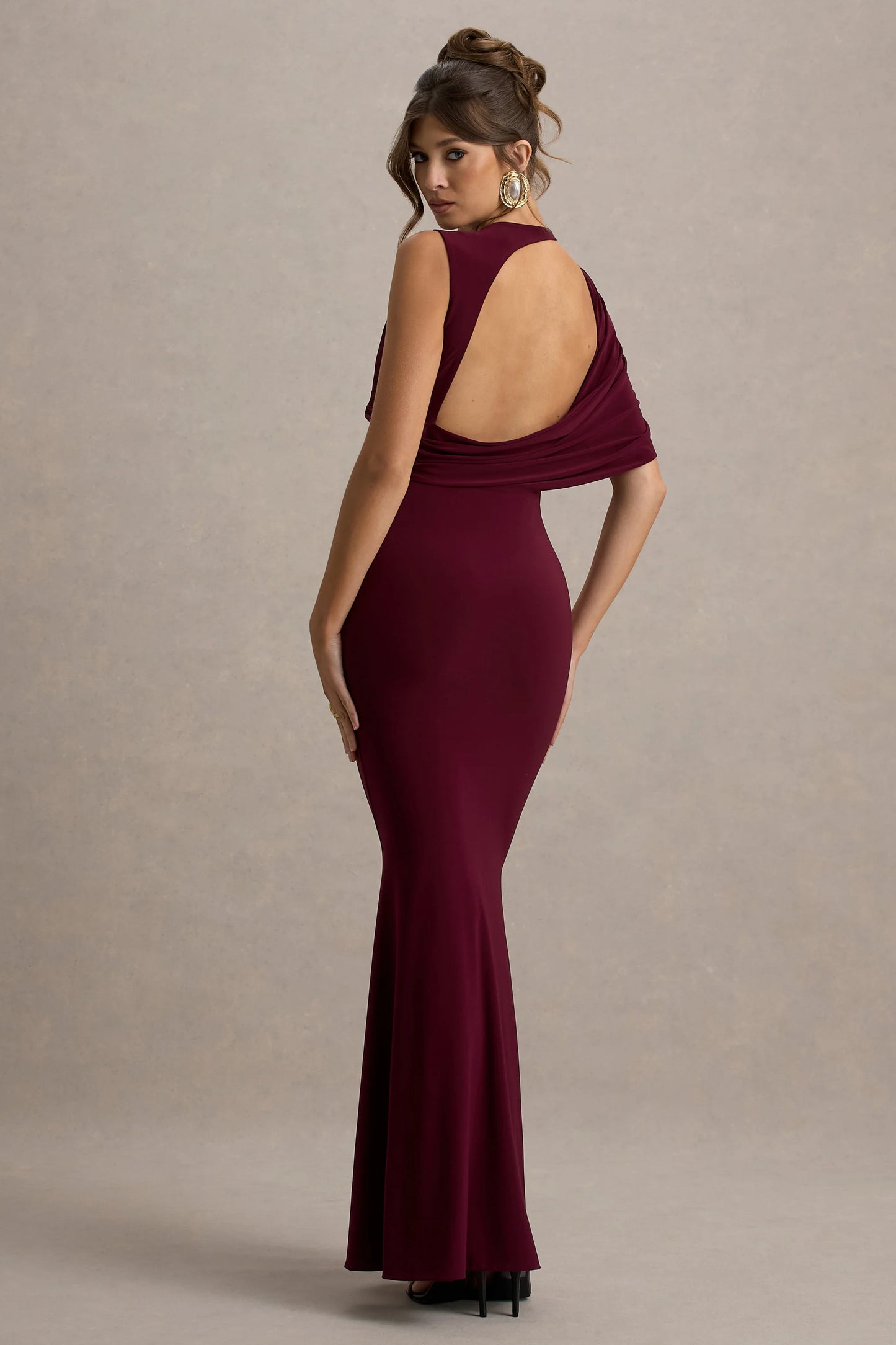 Rae Burgundy Maxi Dress With One-Sleeve Cape
