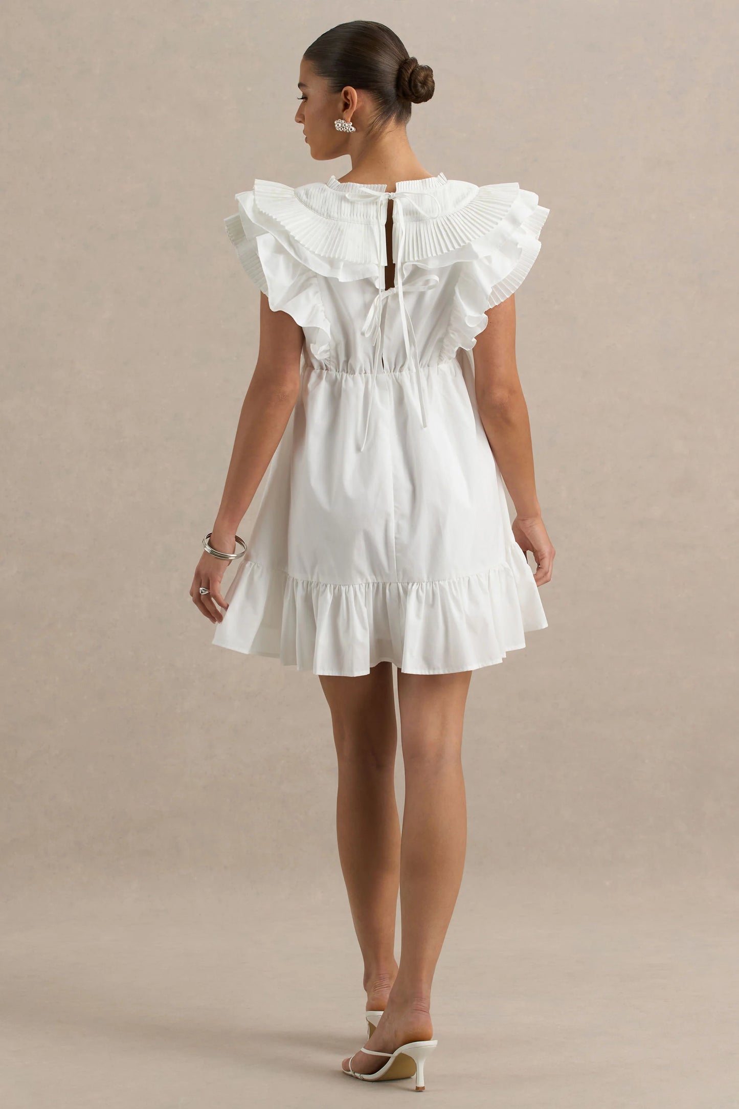 Judie White Poplin V-Neck Ruffled Mini Dress