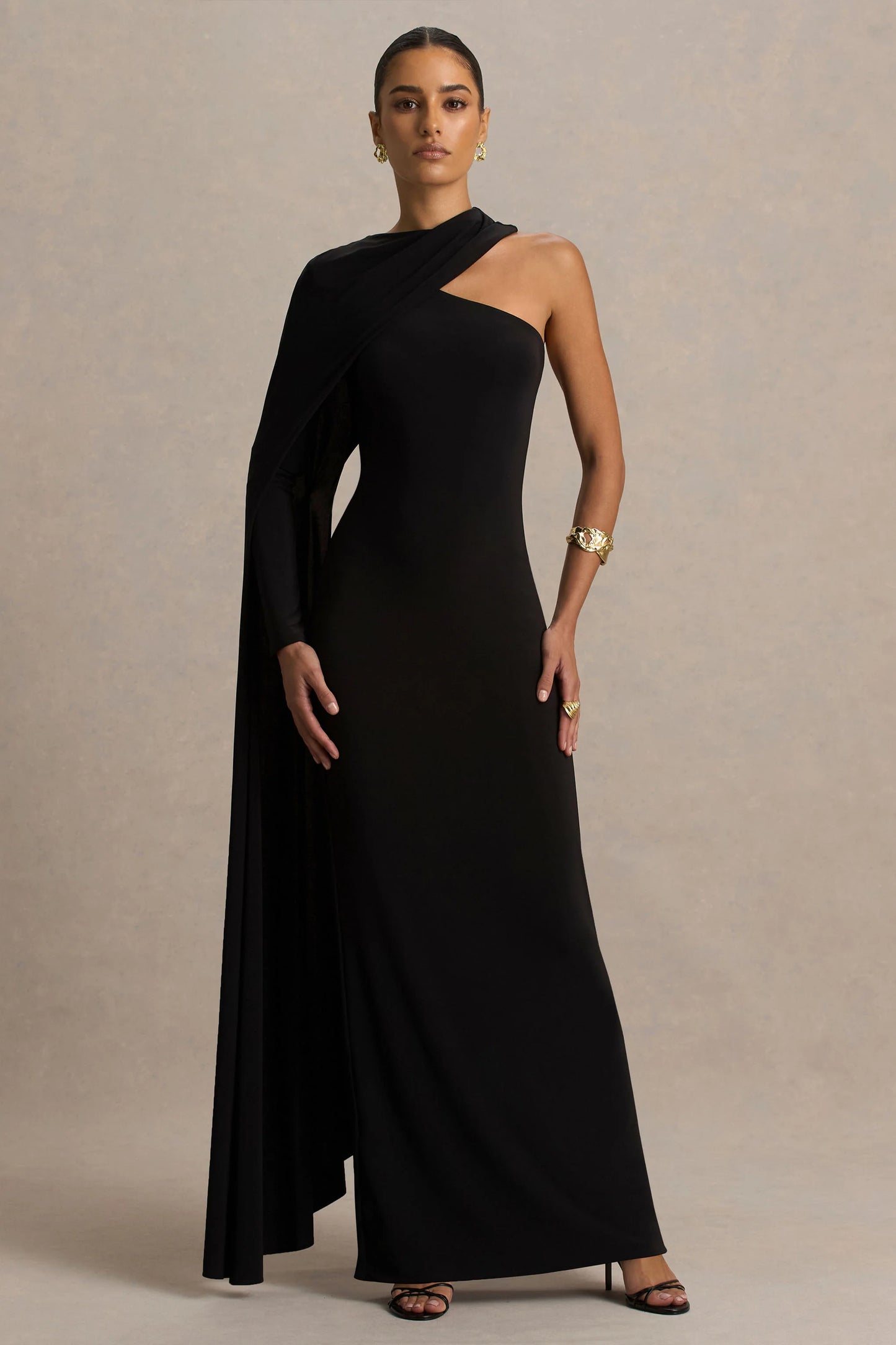 Dawn Black High-Neck Maxi Dress With One Long Cape-Sleeve