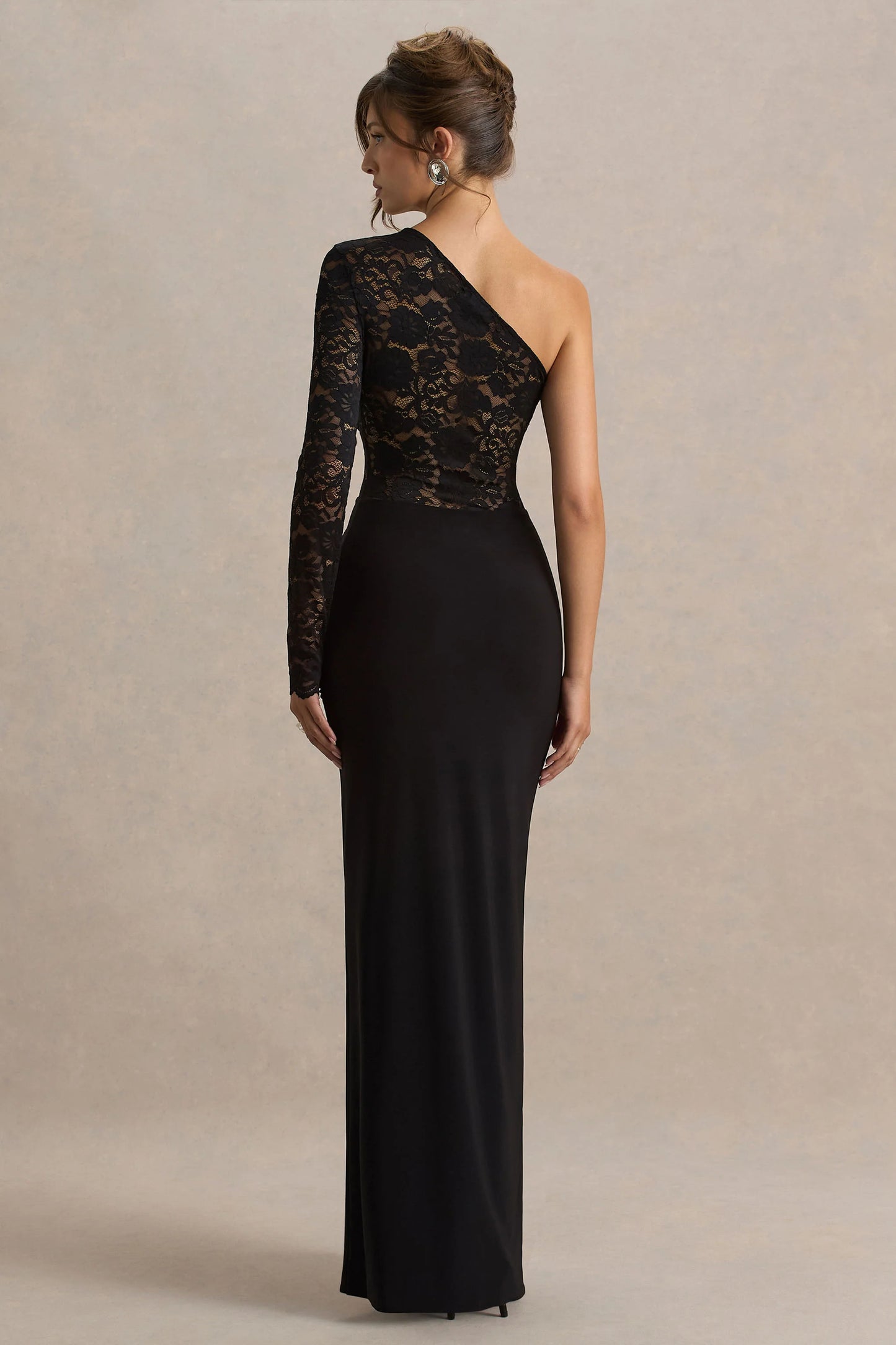 Melody Black Asymmetric-Neck Maxi Dress With Lace Detailing And Front-High Split
