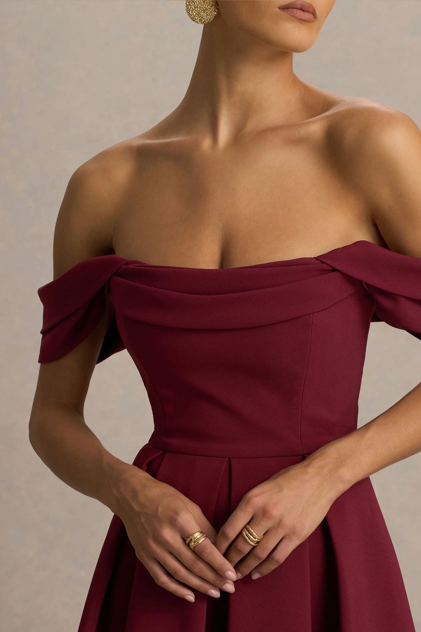 Cosima Burgundy Bardot-Neck Midi Dress