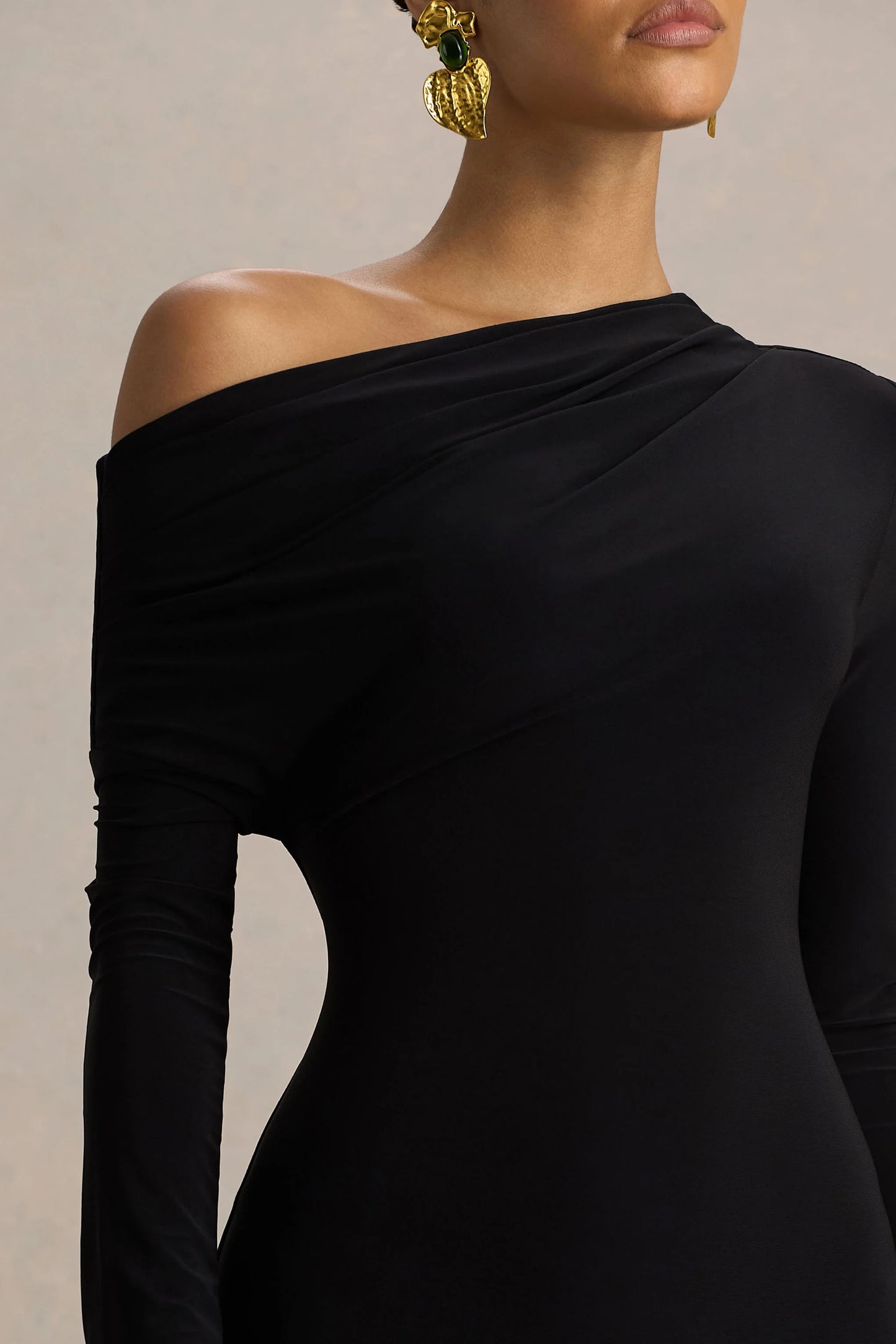 Isola Black Asymmetric-Neck Midi Dress With Hanky-Hem
