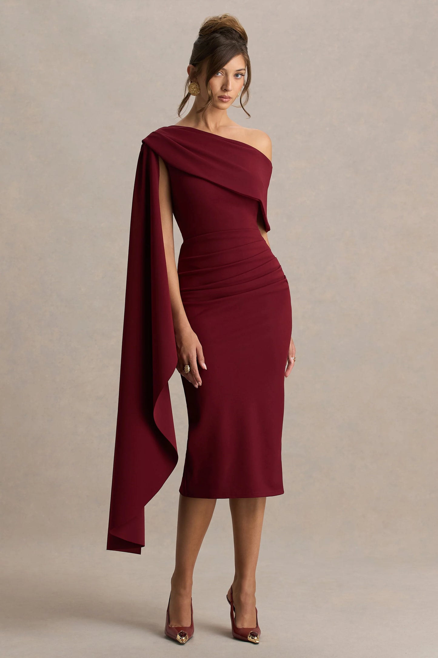 Leah Burgundy Asymmetric-Neck Midi Dress With Cape-Sleeve