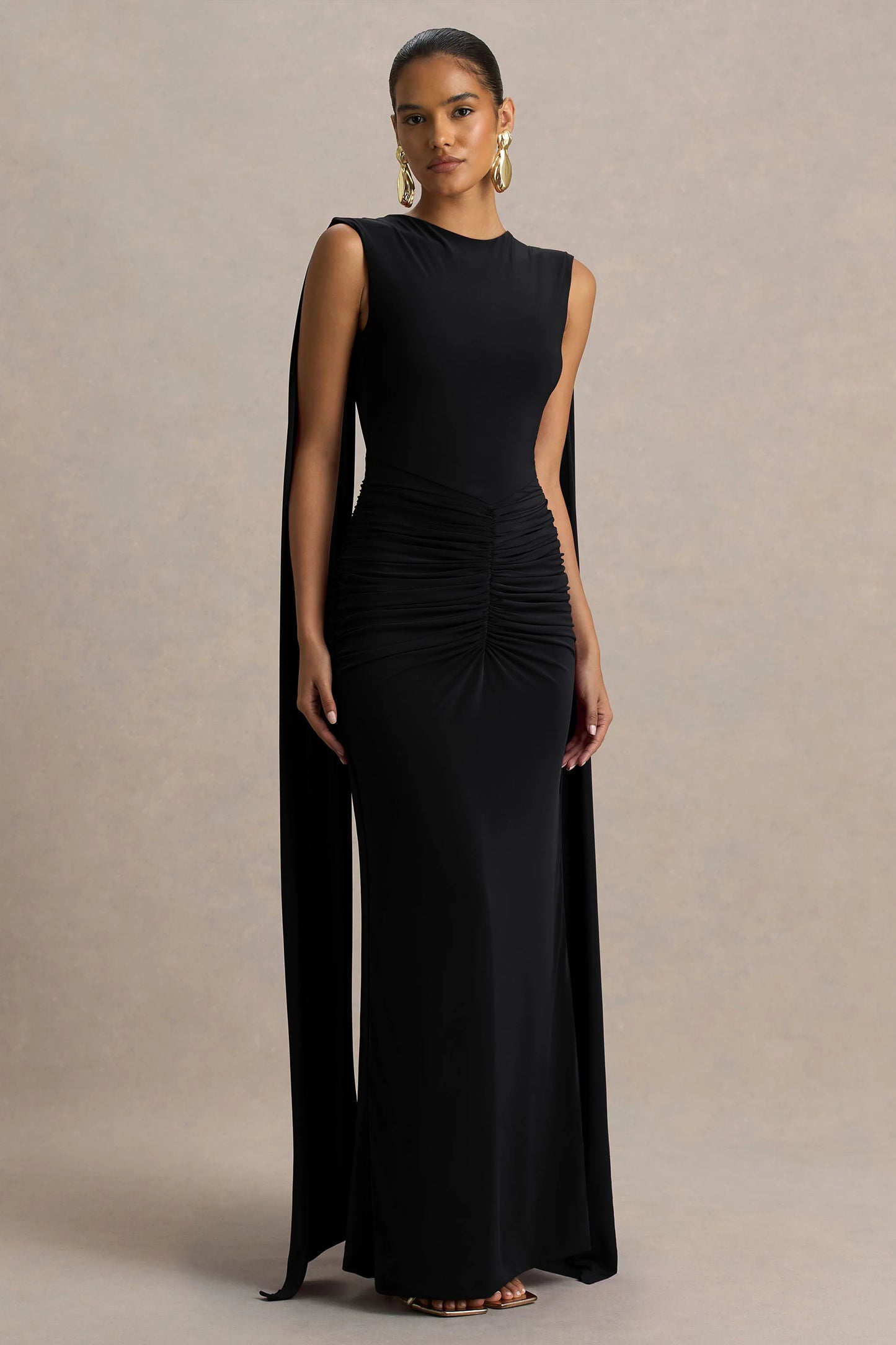Premiere Black Boat-Neck Maxi Dress With Open-Back And Cape-Sleeves