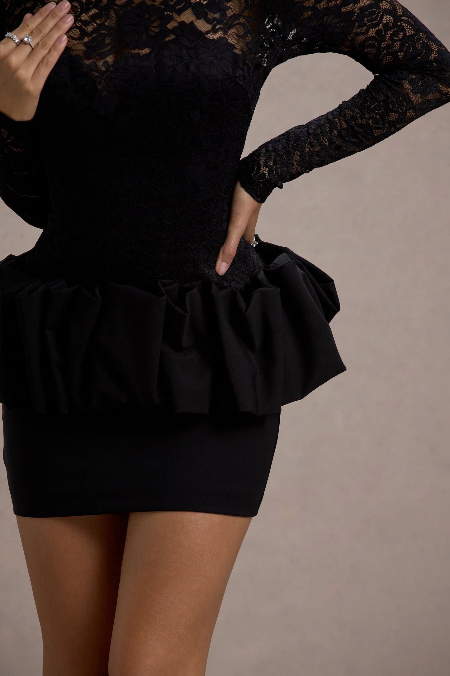 Antheia Black Lace Long-Sleeve Peplum Mini Dress
