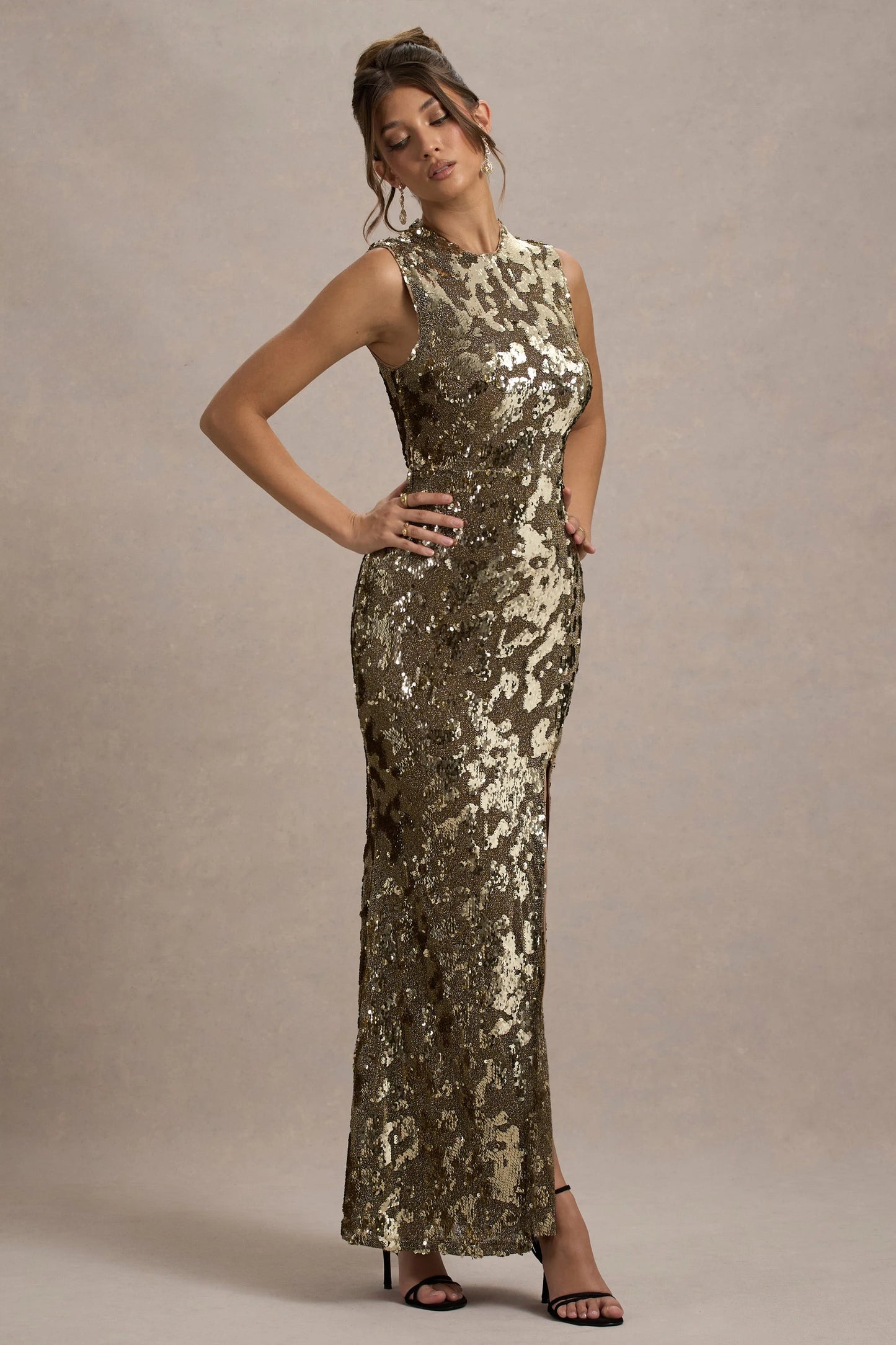 Cleopatra Gold Sequin Split Maxi Dress