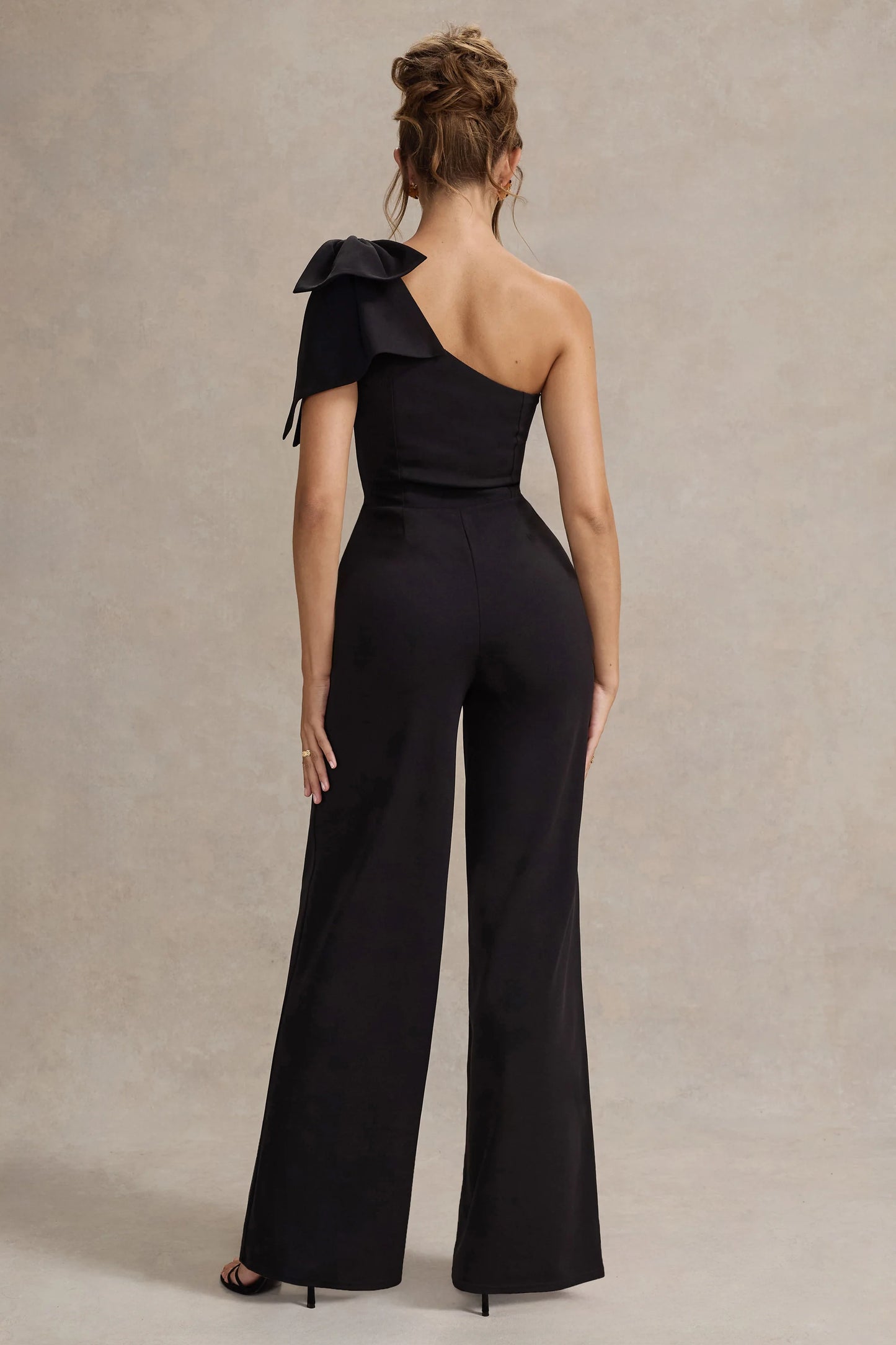 Orilla Black One-Shoulder Wide-Leg Jumpsuit With Bow
