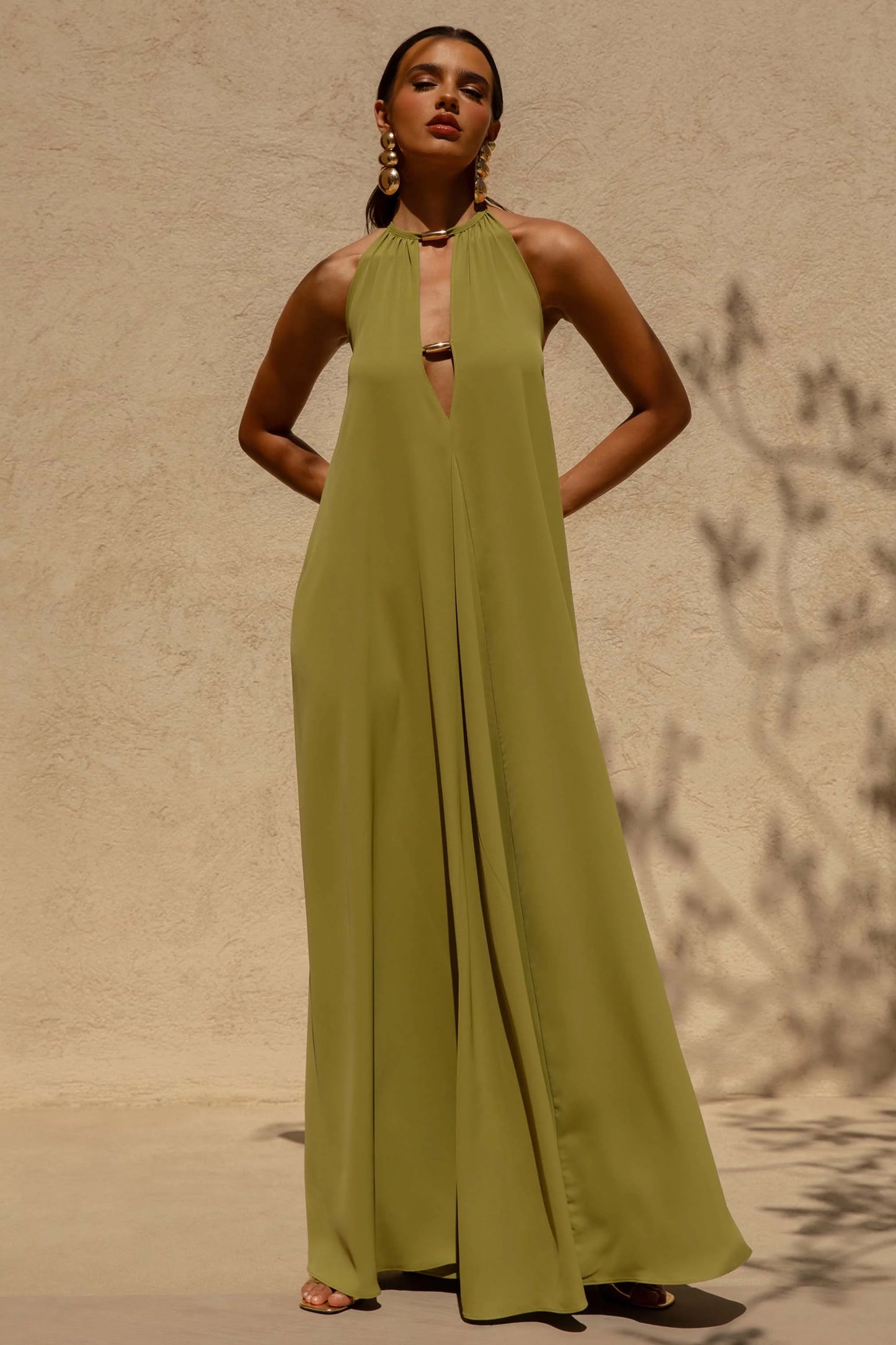 Zyon Green High-Neck Maxi Dress with Cut-Out Details